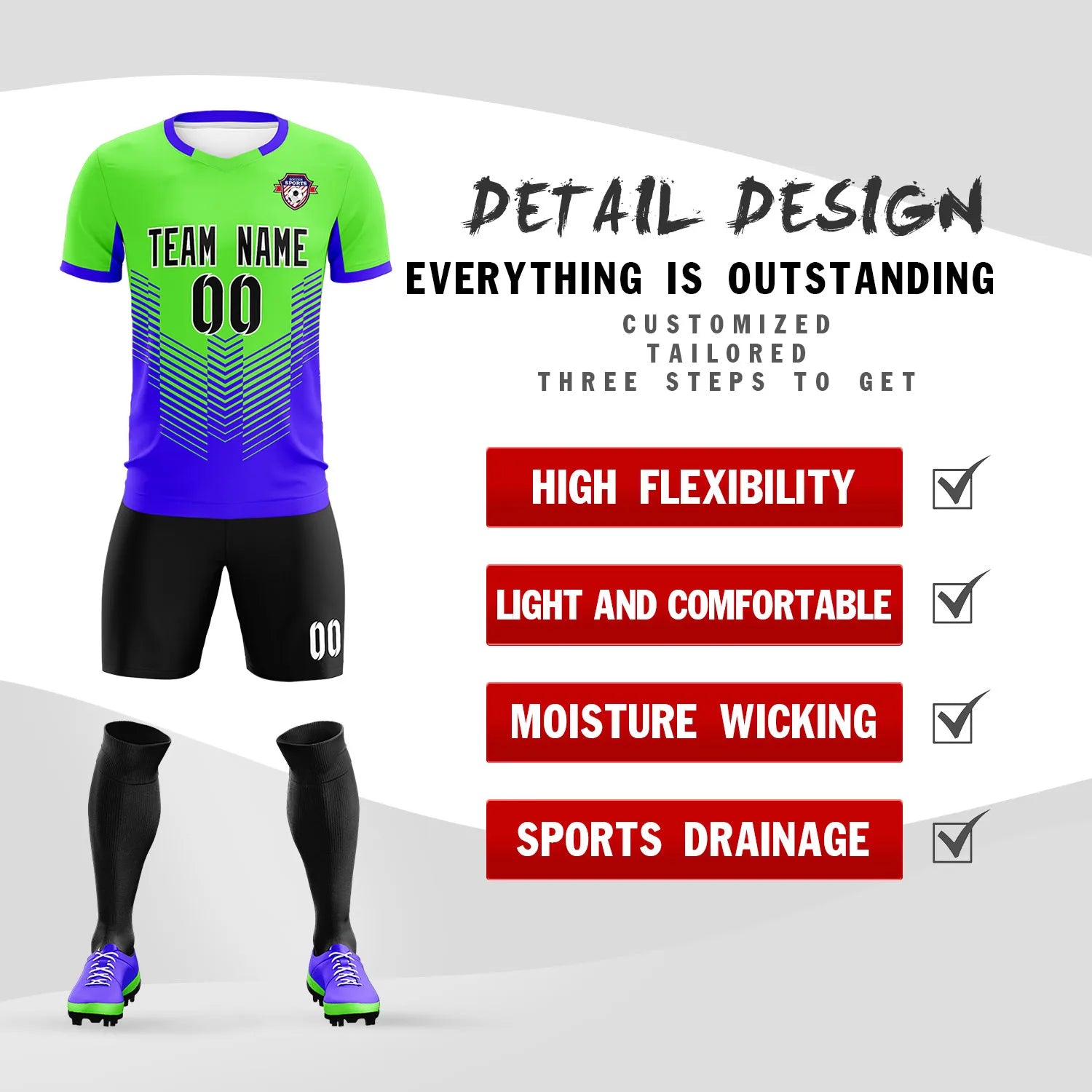 Custom Neon Green Royal Blue Sport Soccer Sets Jersey