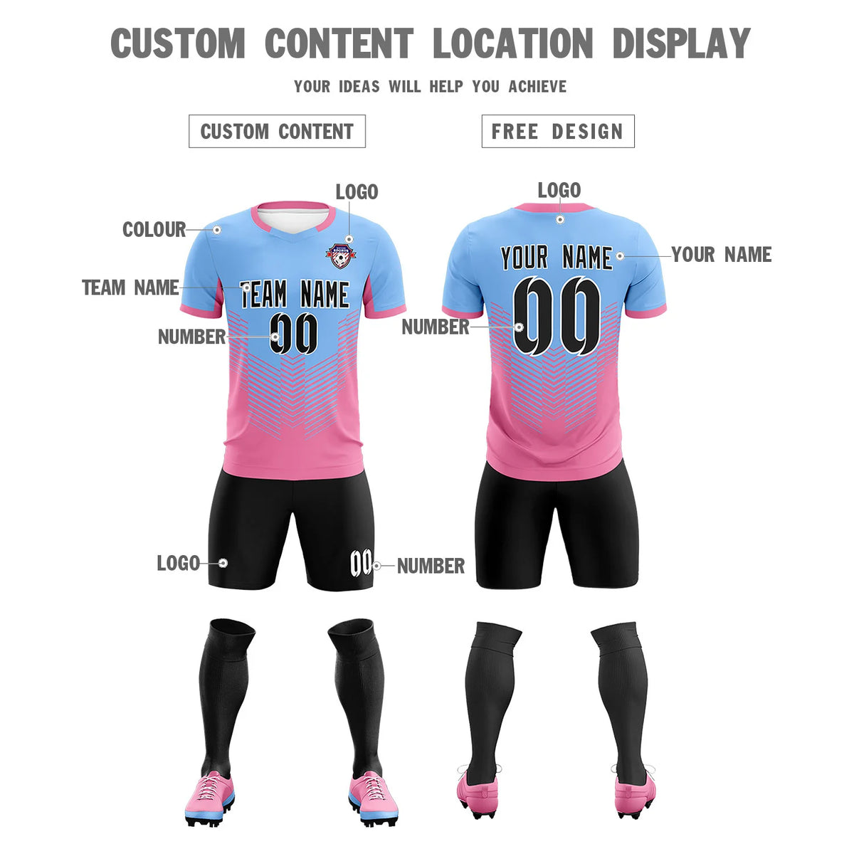 Custom Powder Blue Pink Sport Soccer Sets Jersey
