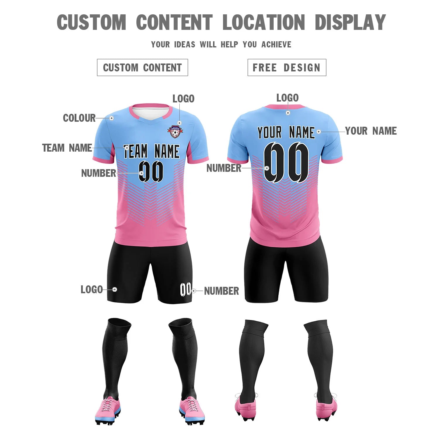 Custom Powder Blue Pink Sport Soccer Sets Jersey