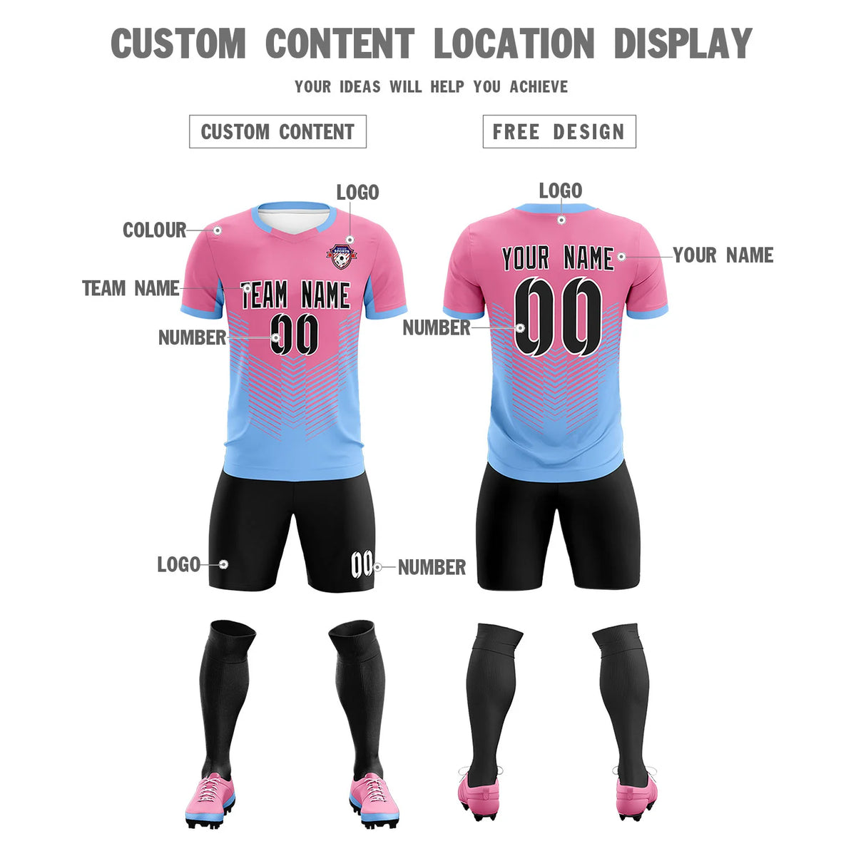 Custom Pink Powder Blue Sport Soccer Sets Jersey