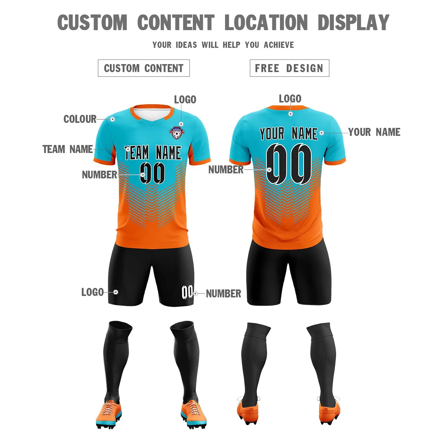 Custom Aqua Orange Sport Soccer Sets Jersey