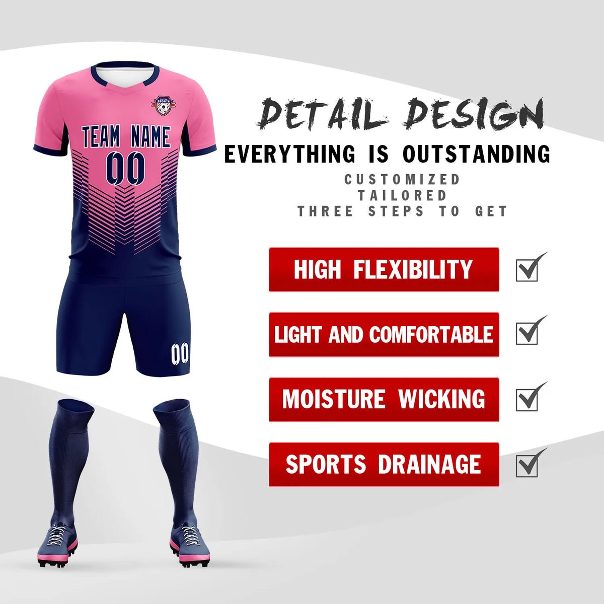 Custom Pink Navy Sport Soccer Sets Jersey