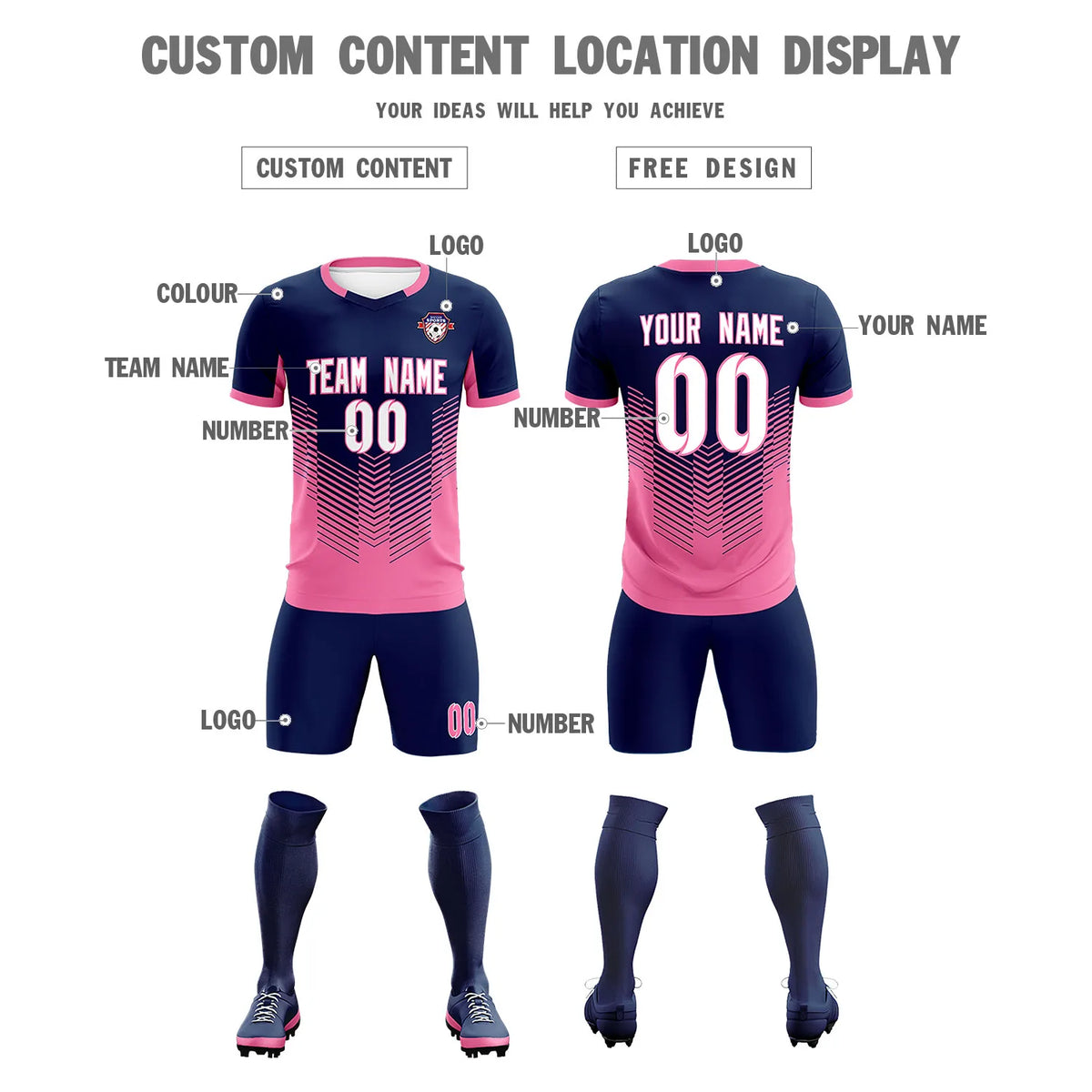 Custom Navy Pink Sport Soccer Sets Jersey