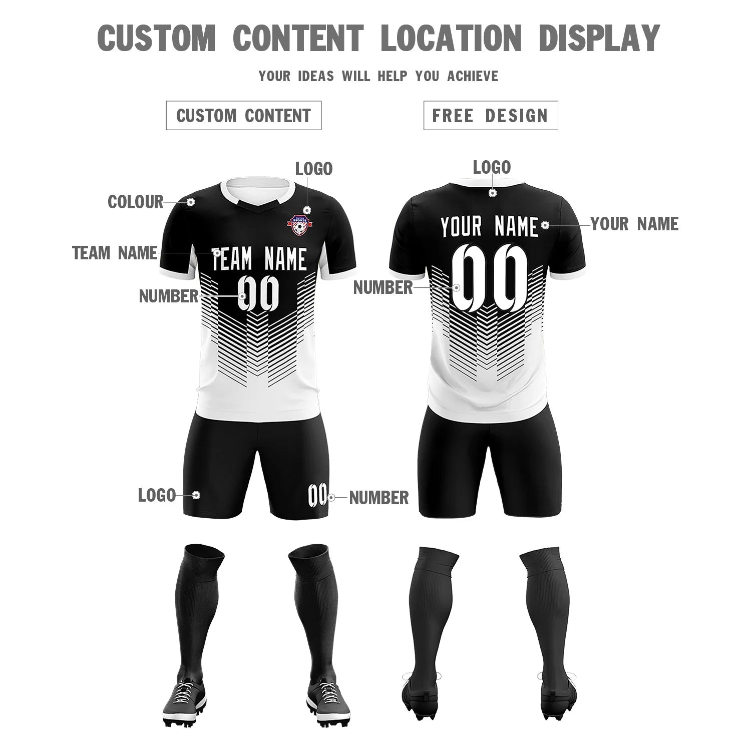 Custom Black White Sport Soccer Sets Jersey