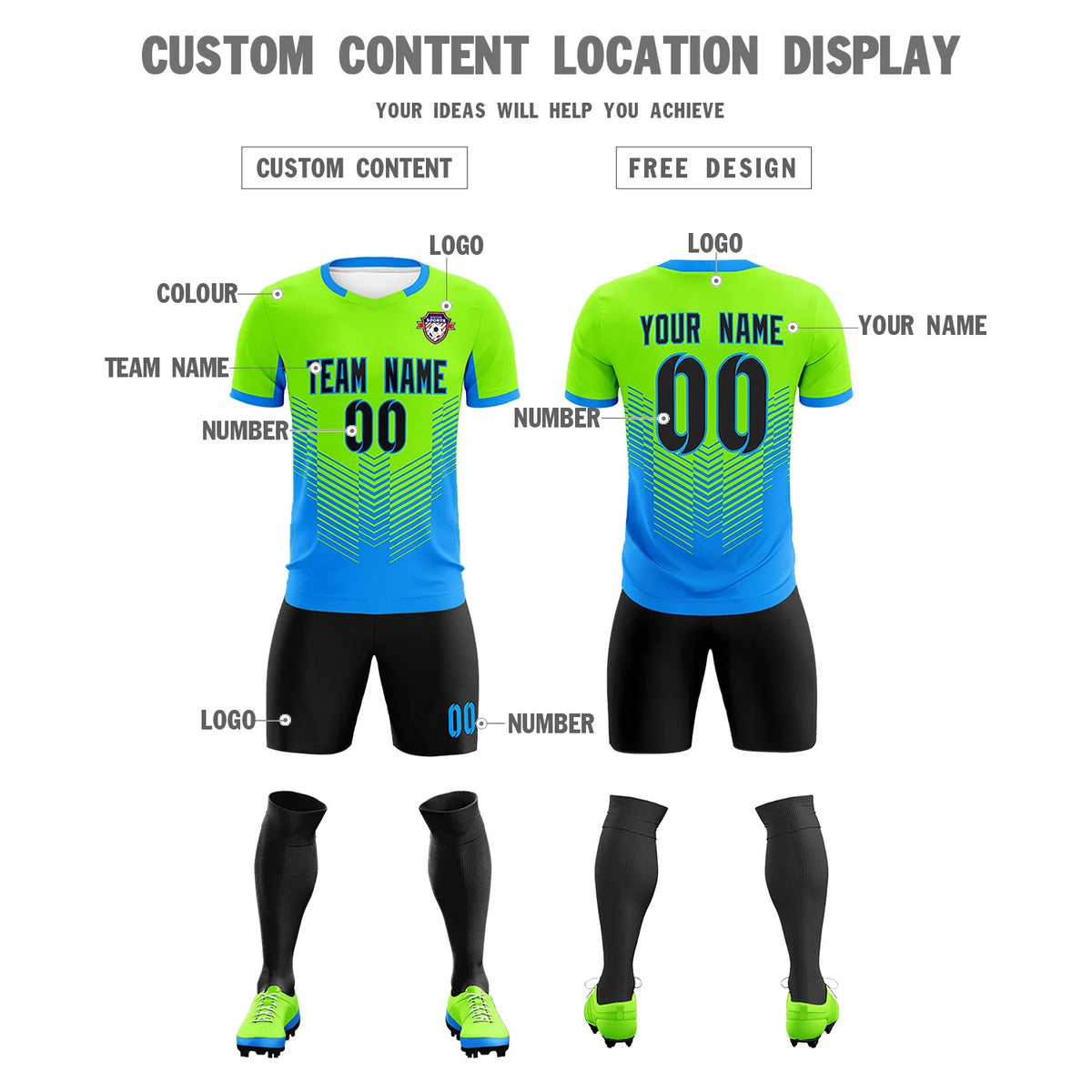 Custom Neon Green Powder Blue Sport Soccer Sets Jersey