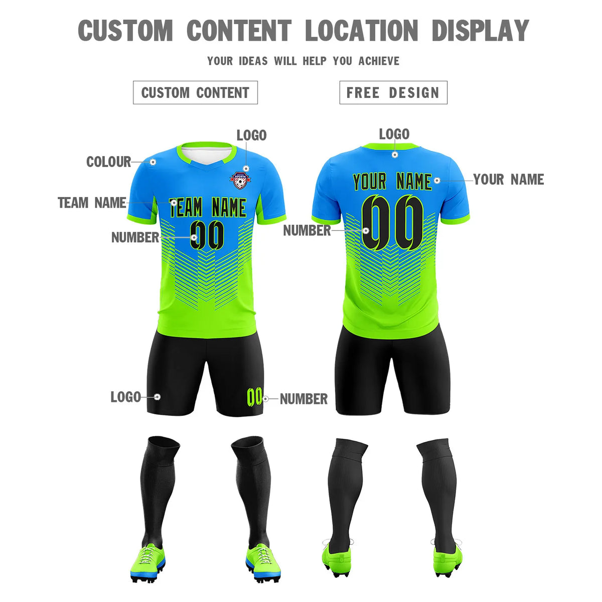 Custom Powder Blue Neon Green Sport Soccer Sets Jersey