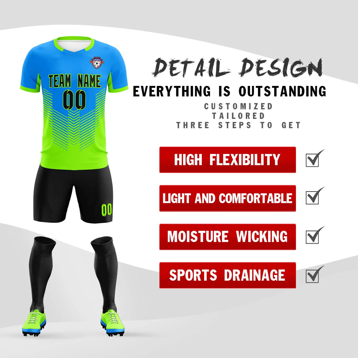 Custom Powder Blue Neon Green Sport Soccer Sets Jersey