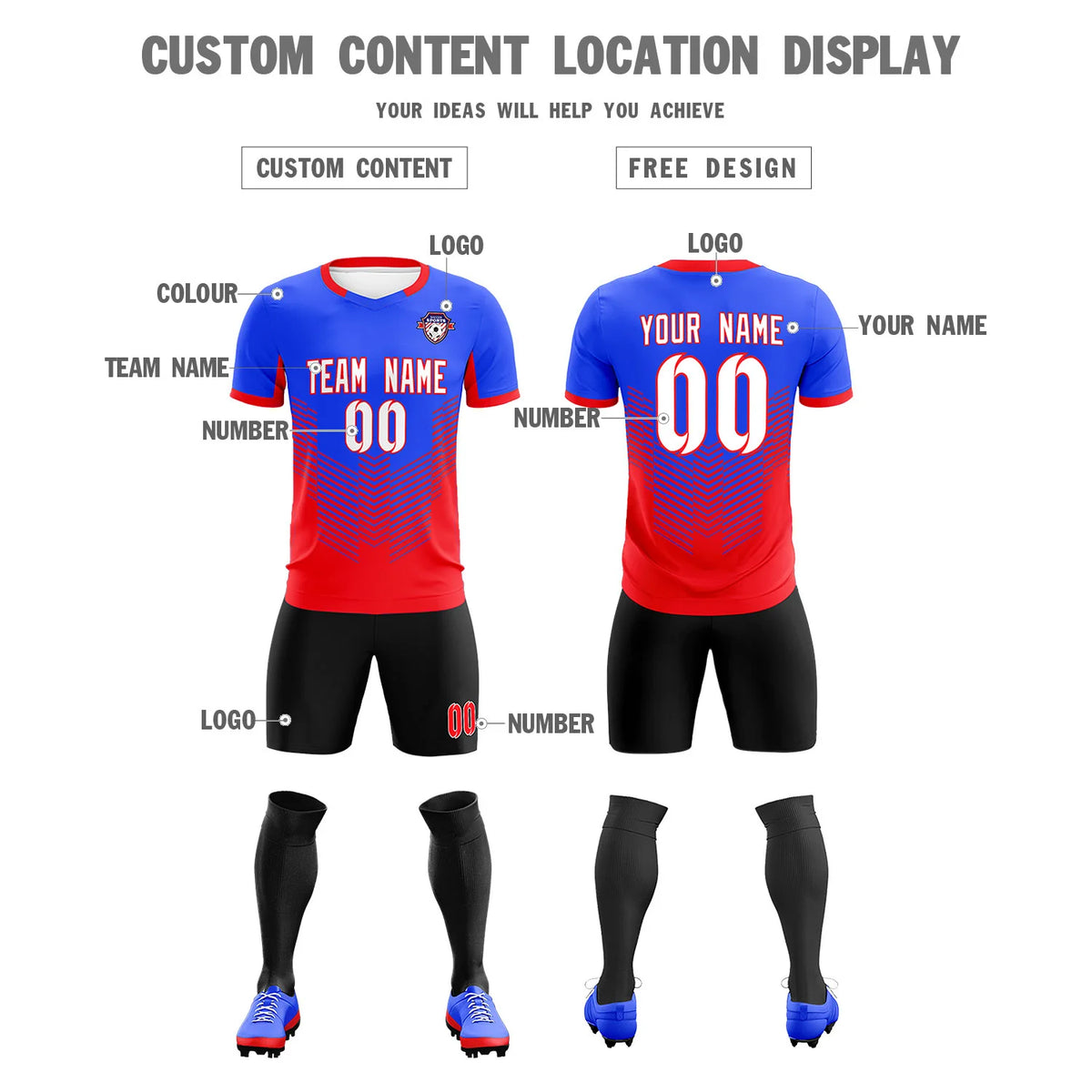 Custom Royal Blue Red Sport Soccer Sets Jersey