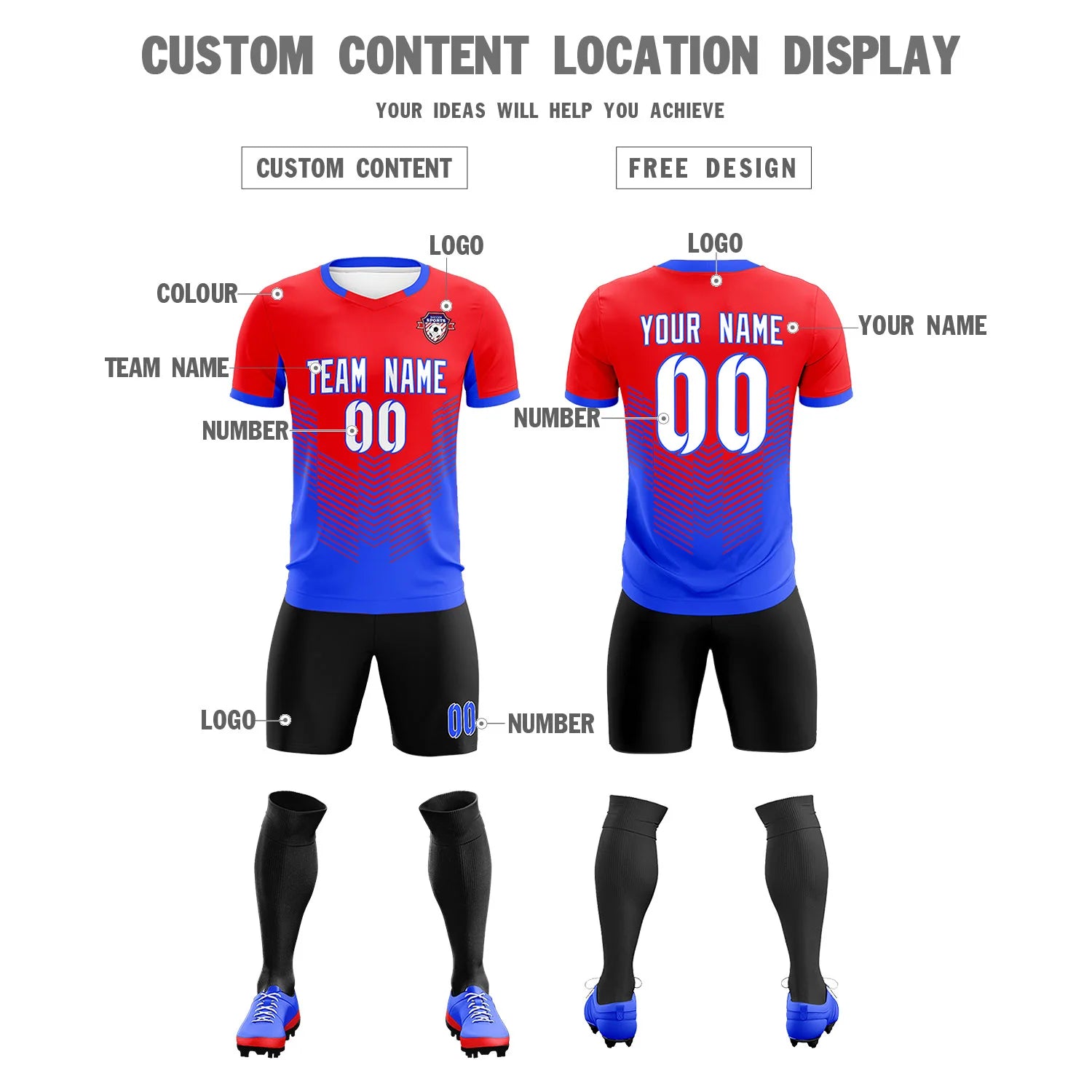 Custom Red Royal Blue Sport Soccer Sets Jersey