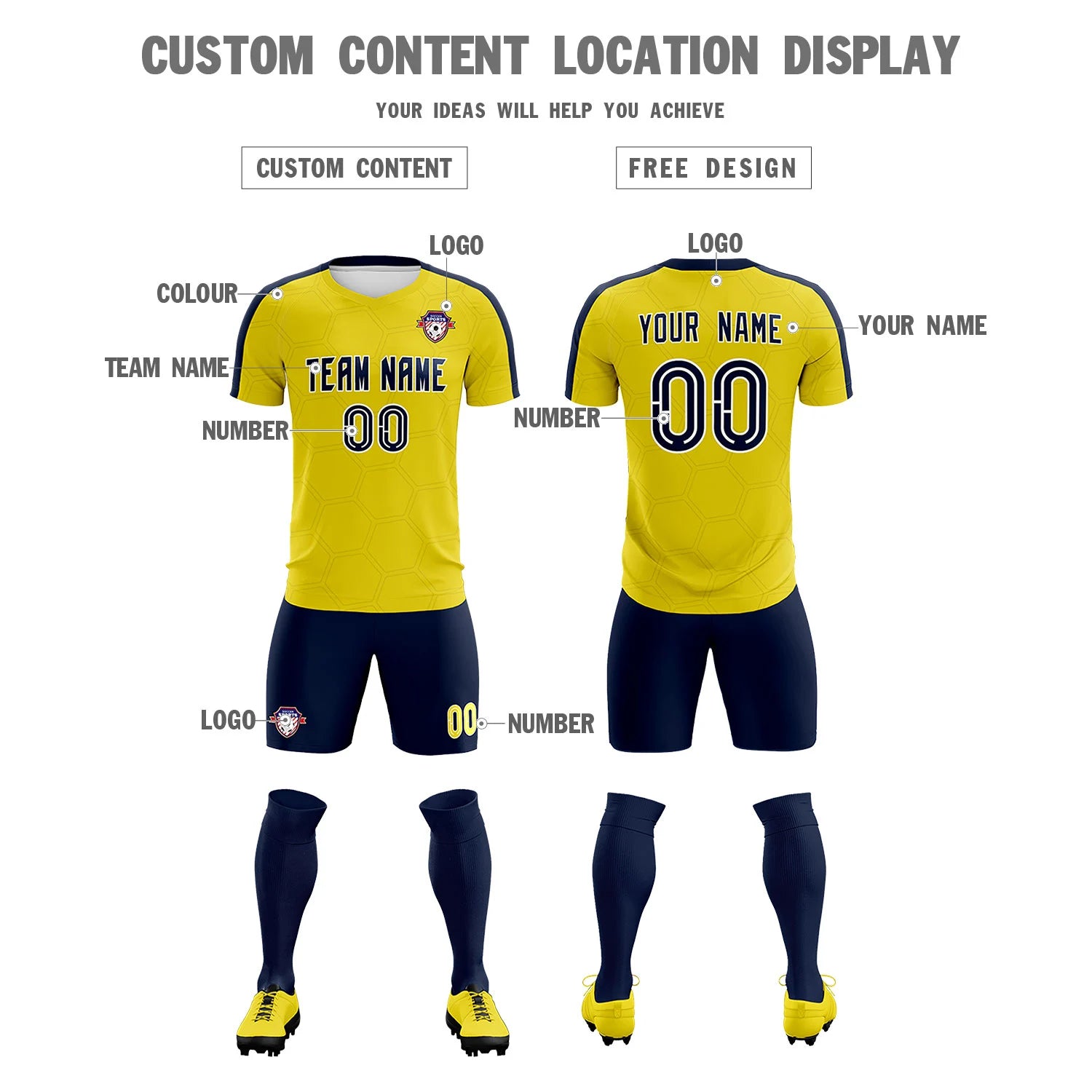 Custom Yellow Navy Outdoor Sport Soccer Sets Jersey