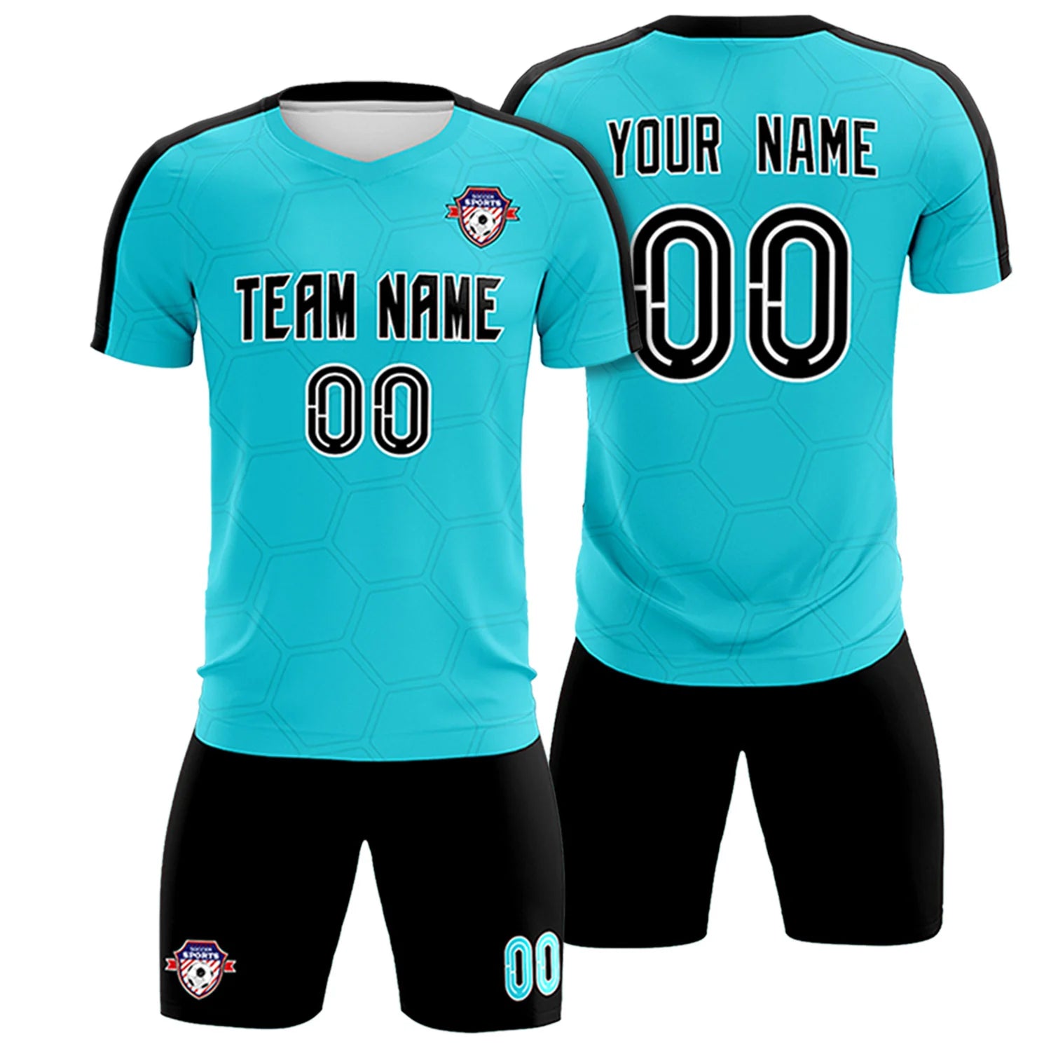Custom Sky Blue Black Outdoor Sport Soccer Sets Jersey