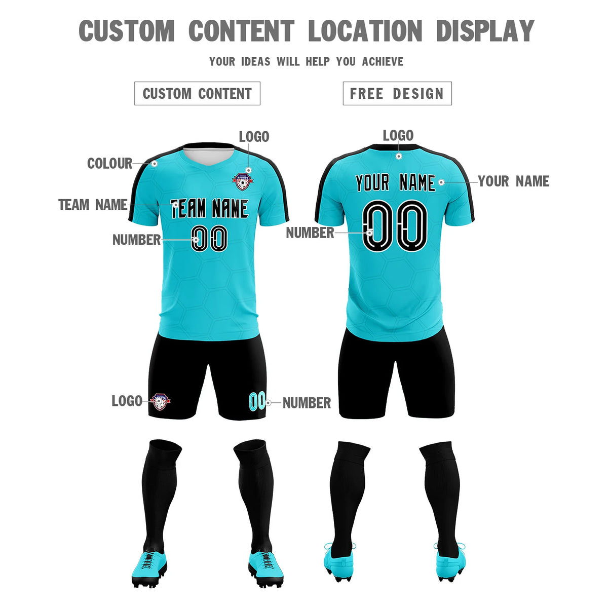 Custom Sky Blue Black Outdoor Sport Soccer Sets Jersey