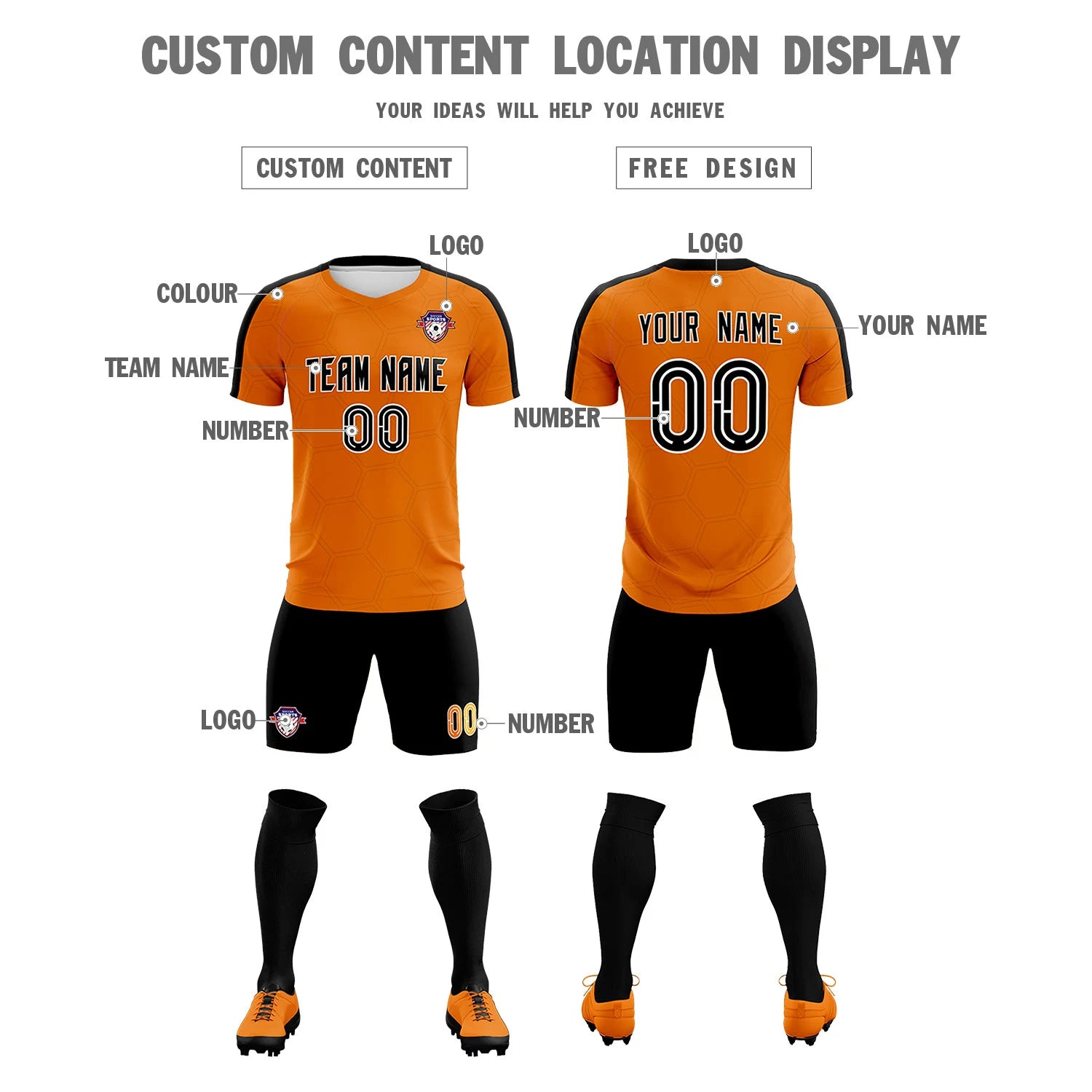 Custom Orange Black Outdoor Sport Soccer Sets Jersey