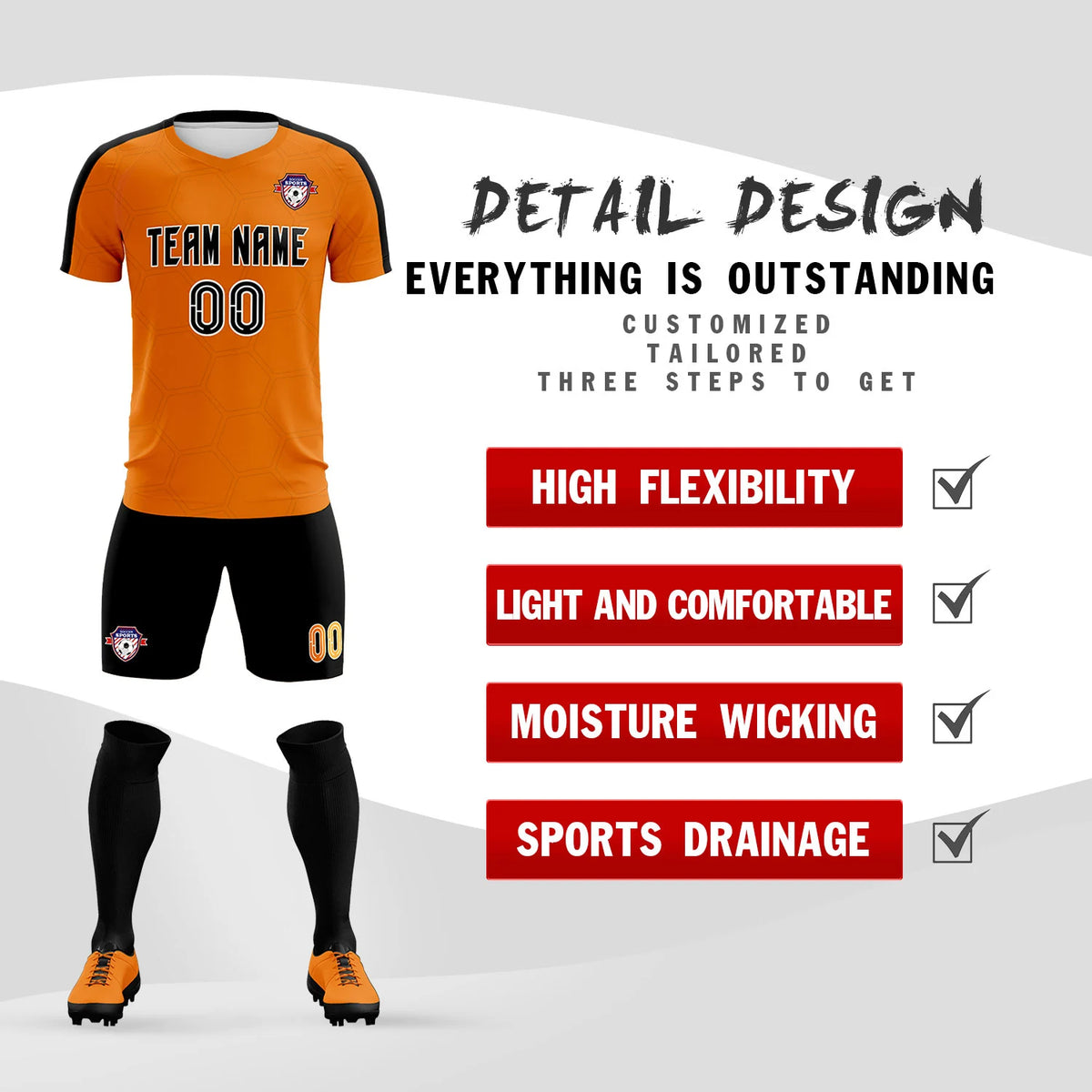 Custom Orange Black Outdoor Sport Soccer Sets Jersey