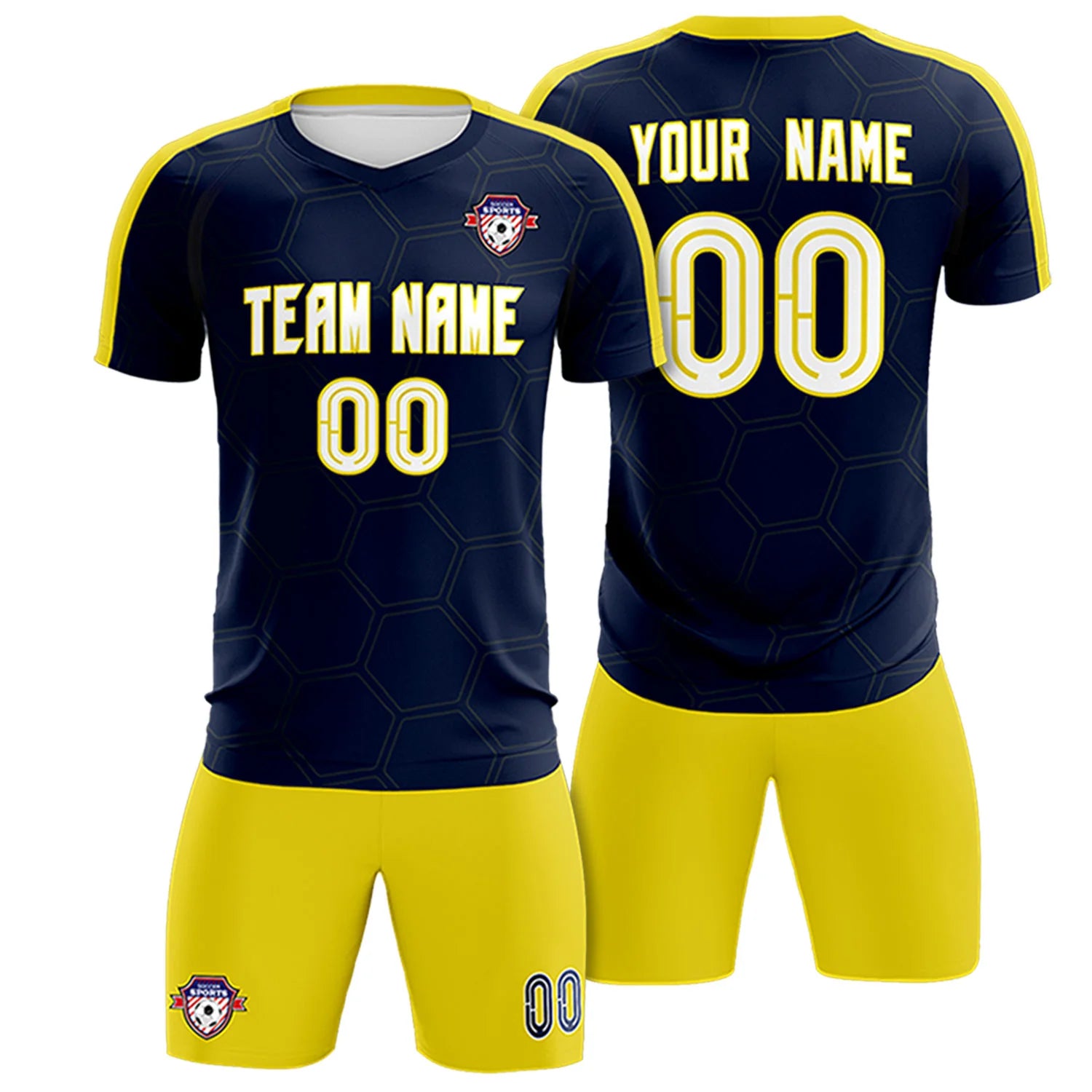 Custom Navy Yellow Outdoor Sport Soccer Sets Jersey