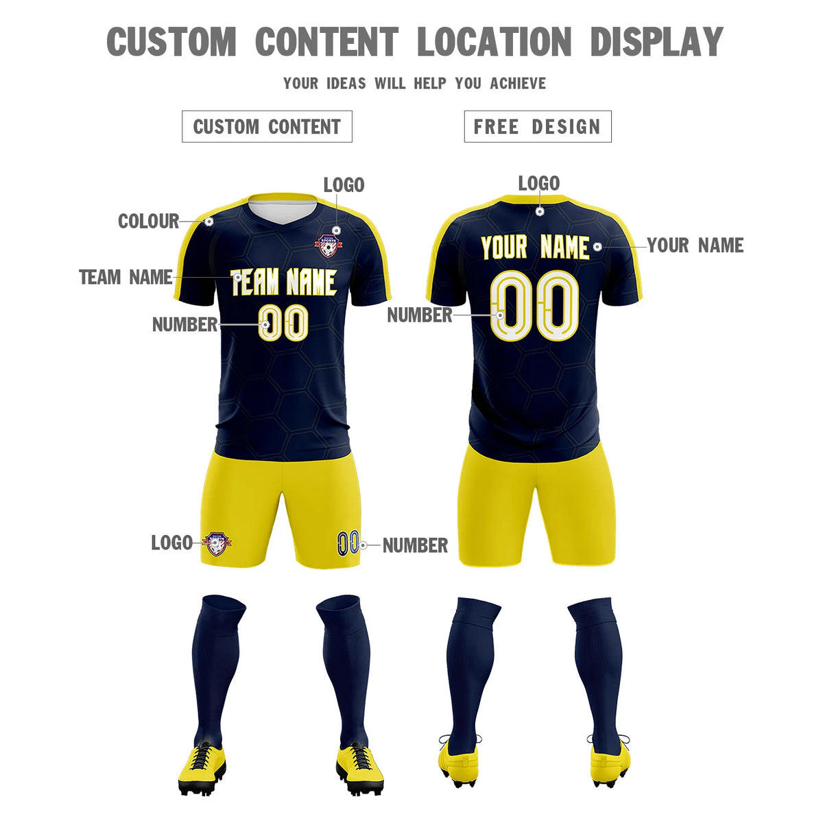 Custom Navy Yellow Outdoor Sport Soccer Sets Jersey