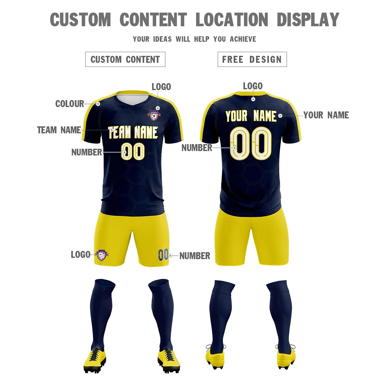Custom Navy Yellow Outdoor Sport Soccer Sets Jersey