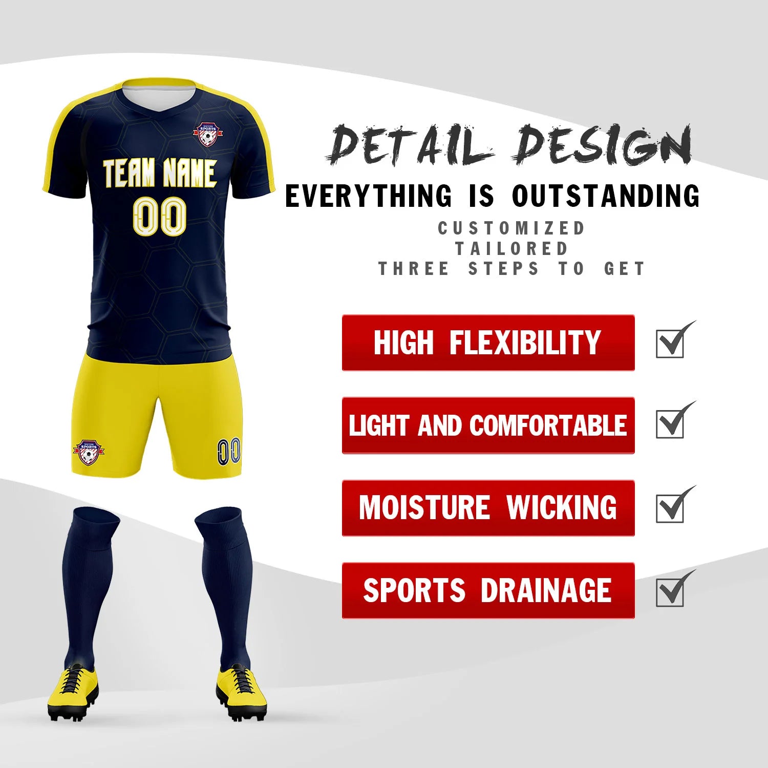 Custom Navy Yellow Outdoor Sport Soccer Sets Jersey