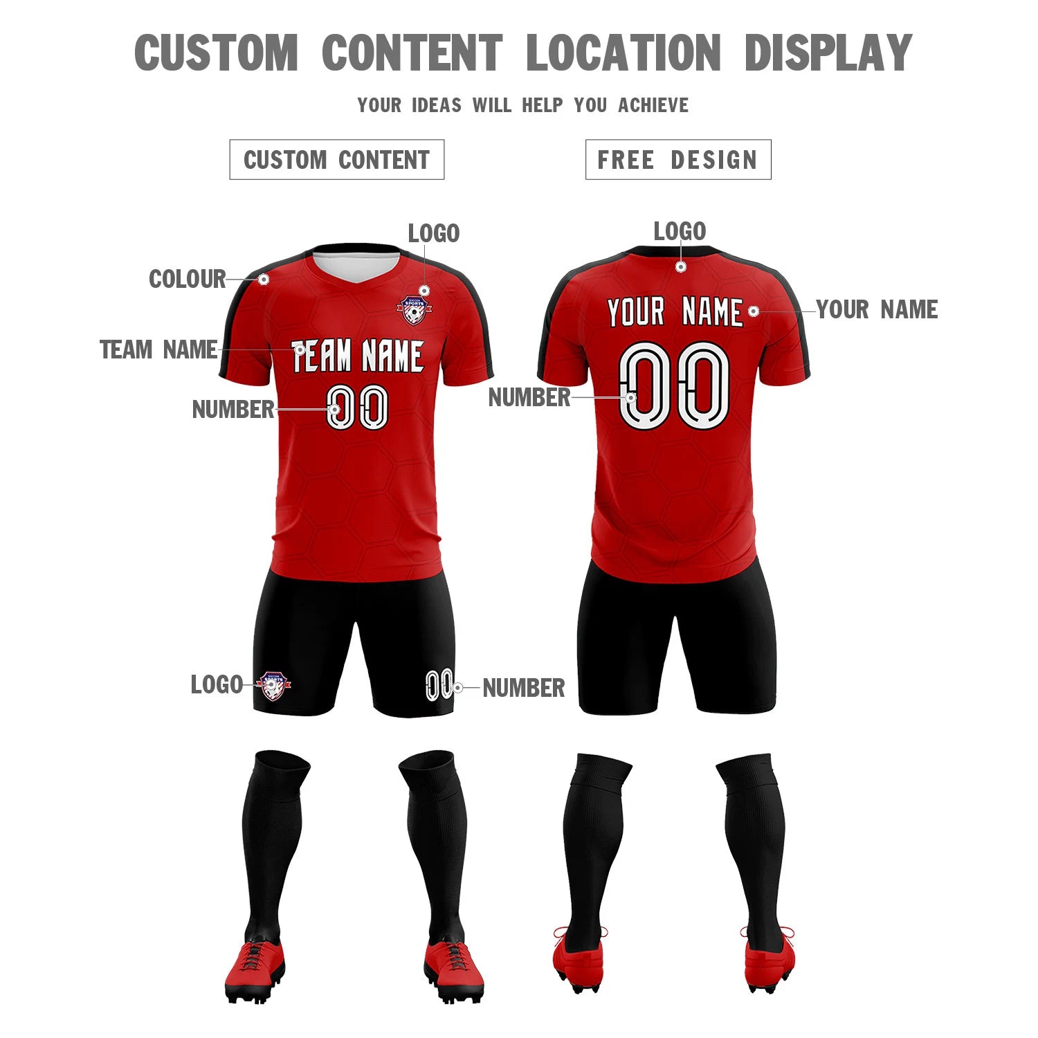 Custom Red Black Outdoor Sport Soccer Sets Jersey