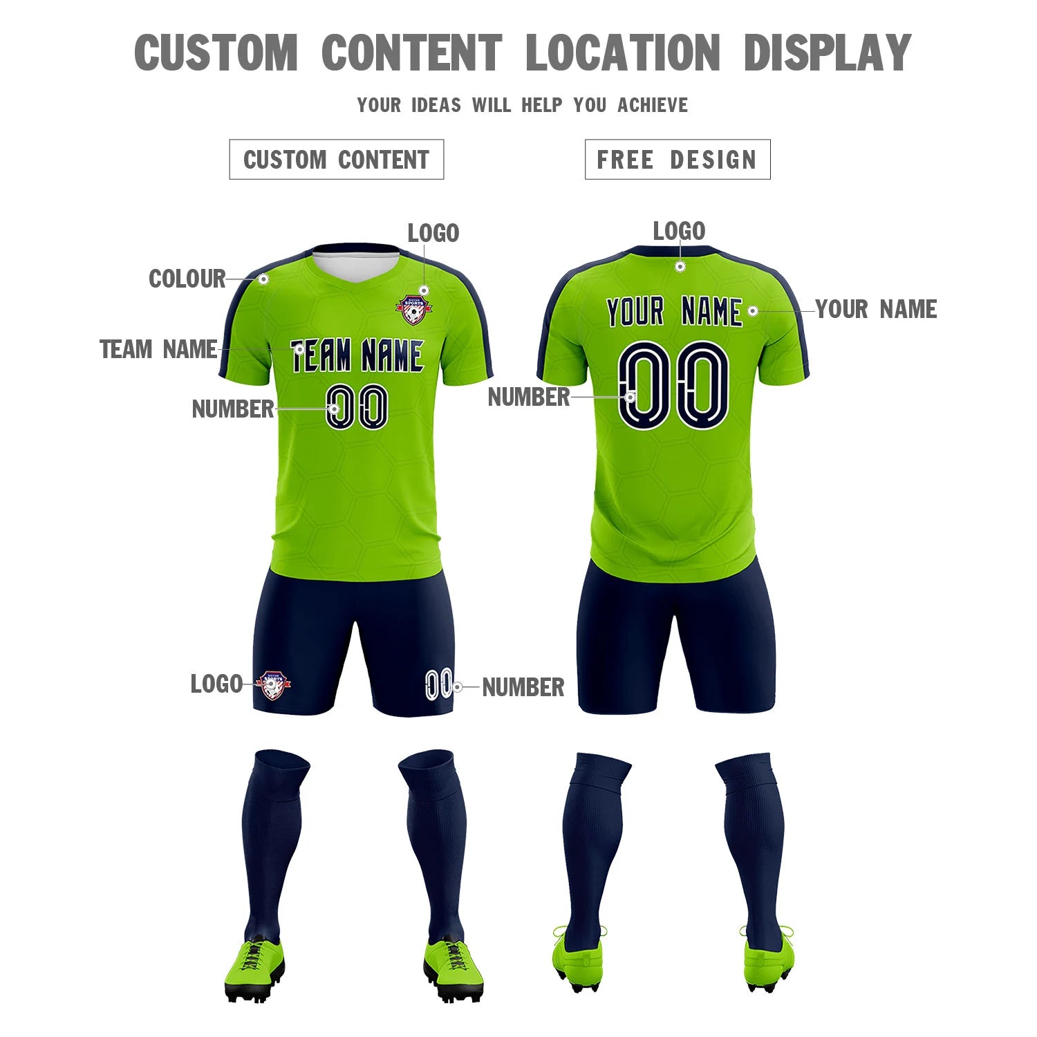 Custom Neon Green Navy Outdoor Sport Soccer Sets Jersey