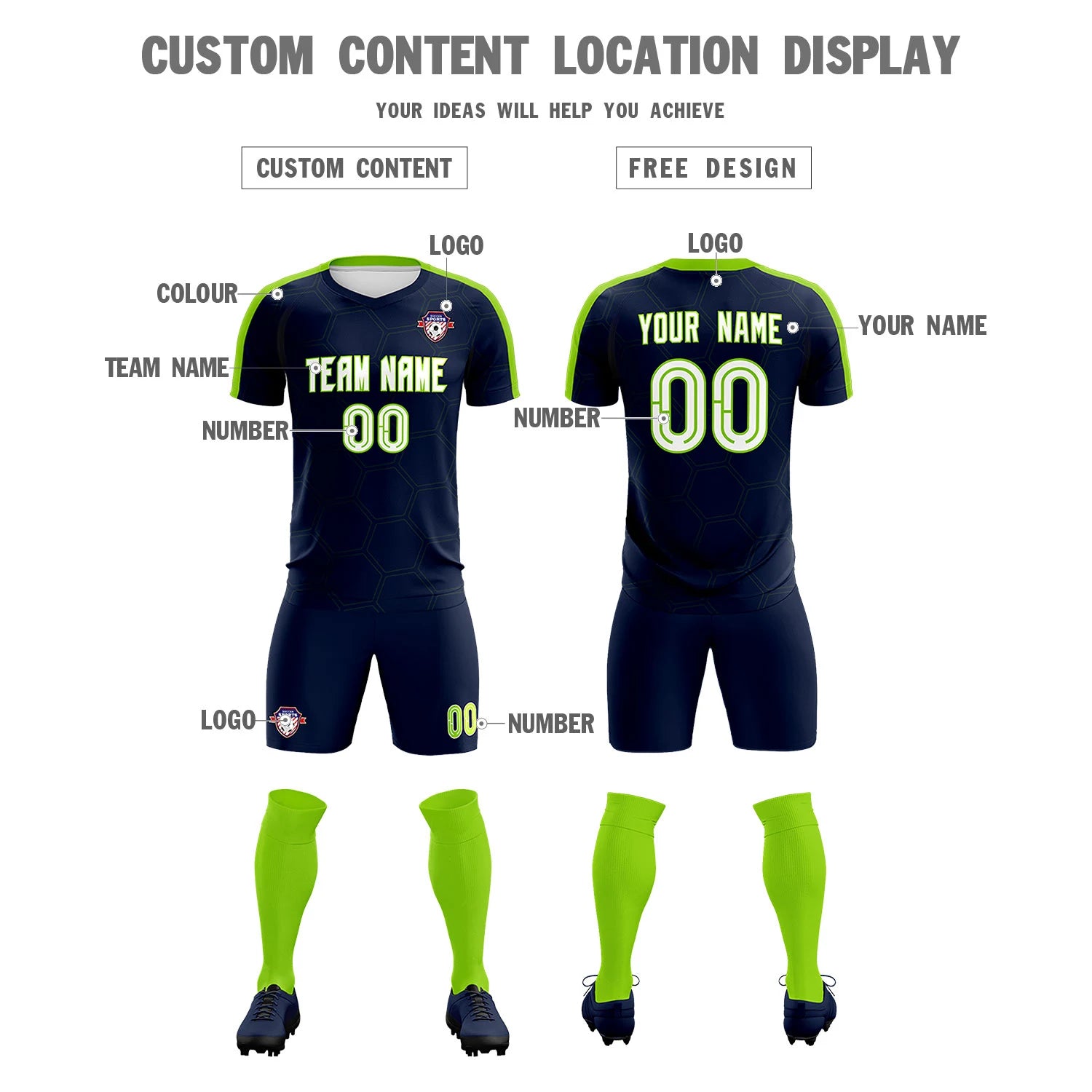 Custom Navy Neon Green Outdoor Sport Soccer Sets Jersey