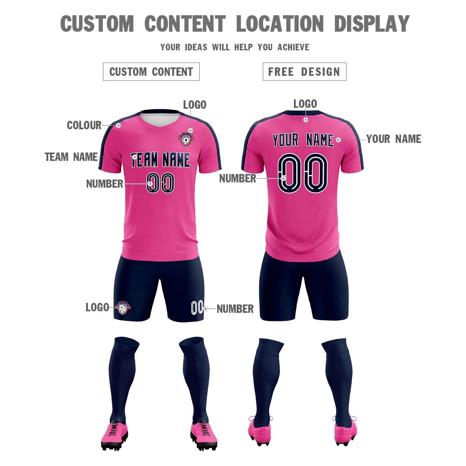 Custom Pink Navy Outdoor Sport Soccer Sets Jersey