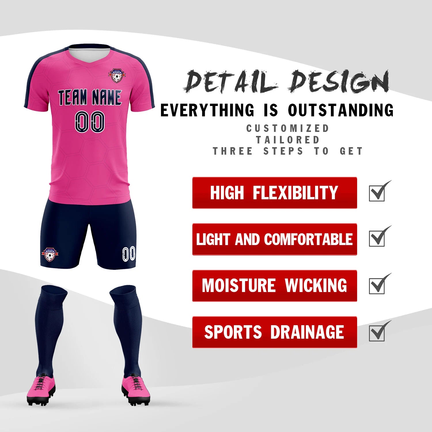 Custom Pink Navy Outdoor Sport Soccer Sets Jersey