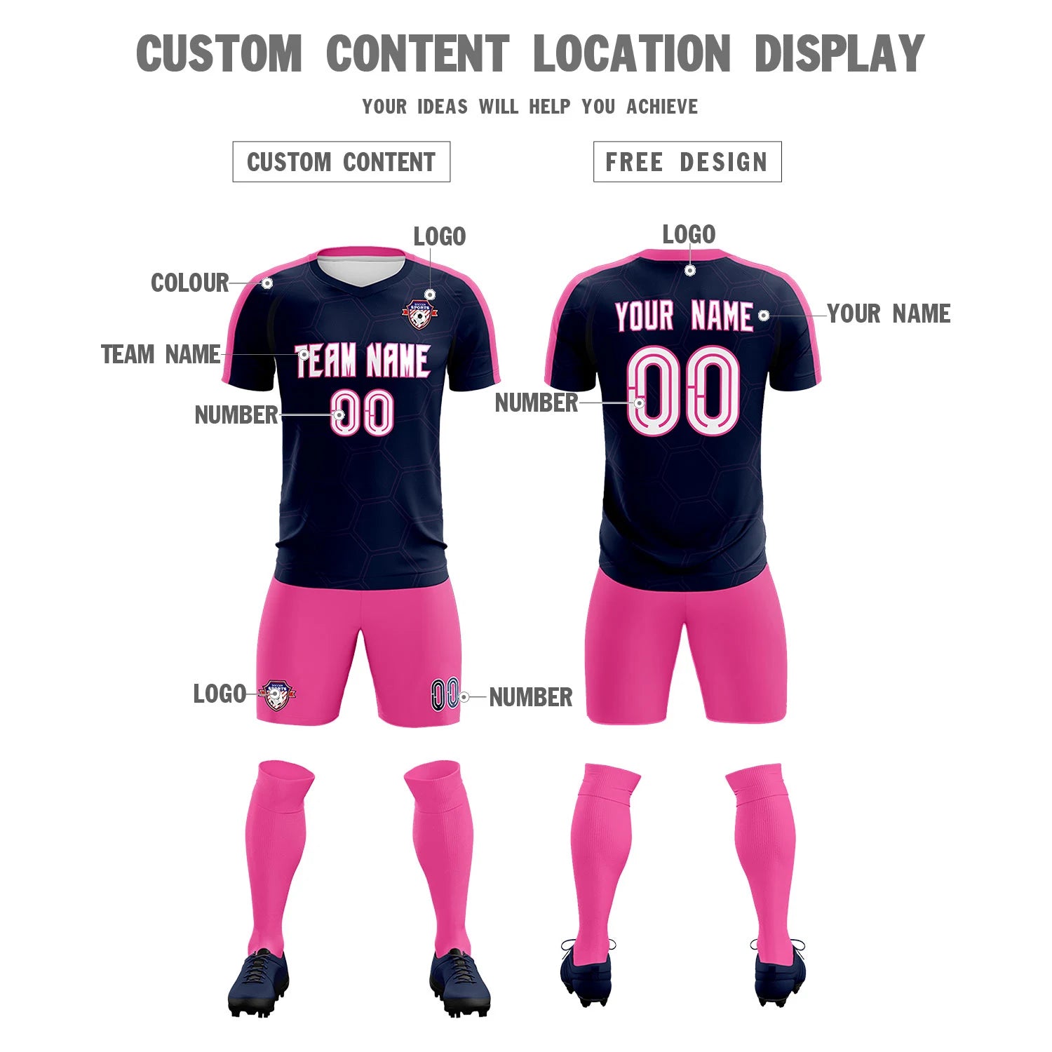 Custom Navy Pink Outdoor Sport Soccer Sets Jersey