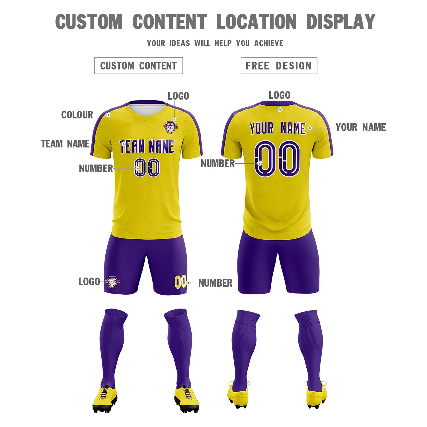 Custom Yellow Purple Outdoor Sport Soccer Sets Jersey