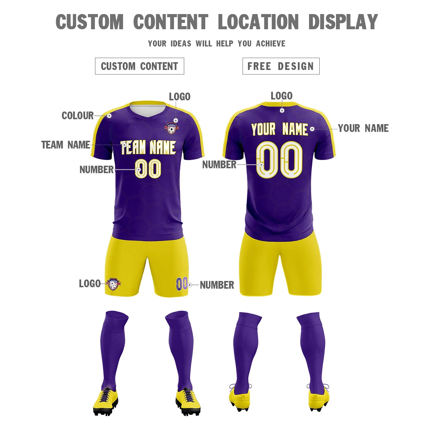 Custom Purple Yellow Outdoor Sport Soccer Sets Jersey