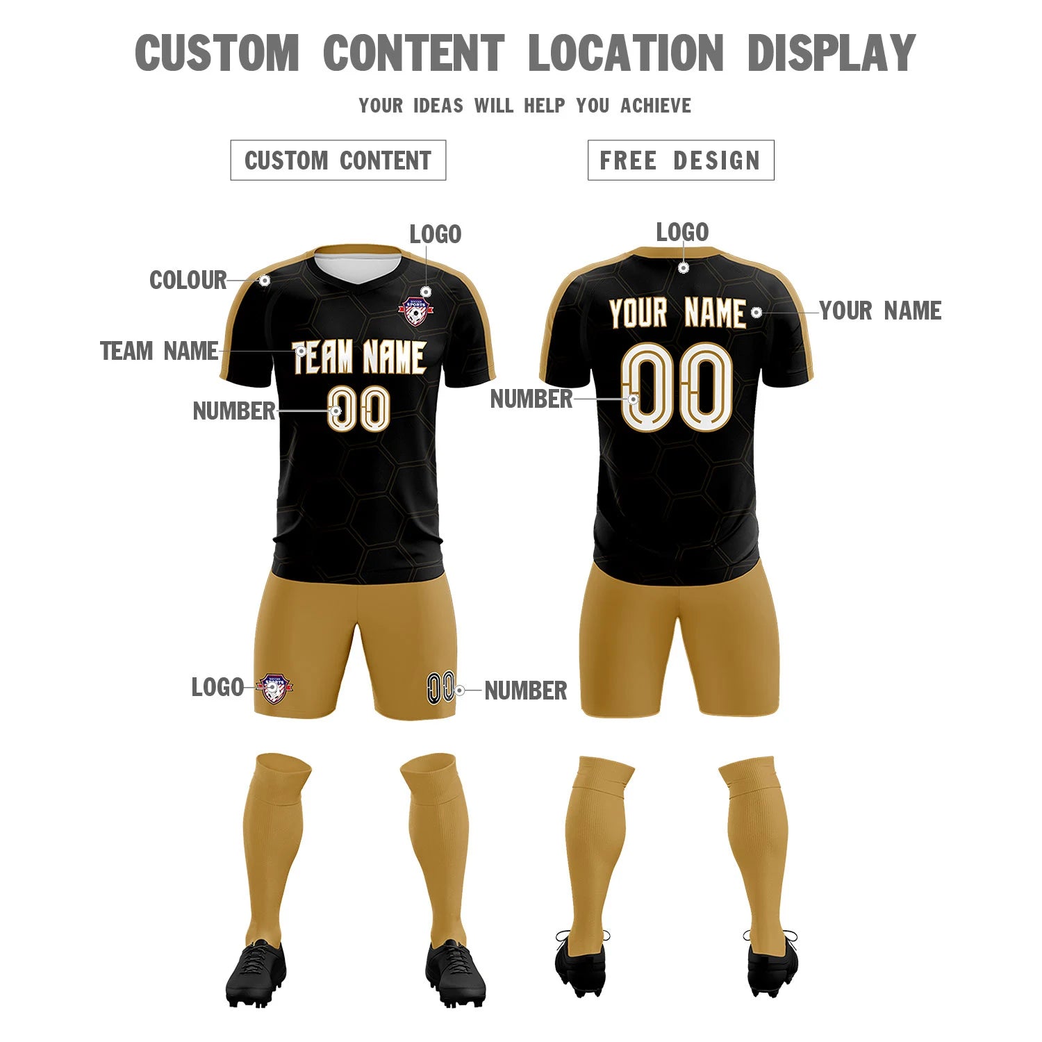 Custom Black Old Gold Outdoor Sport Soccer Sets Jersey