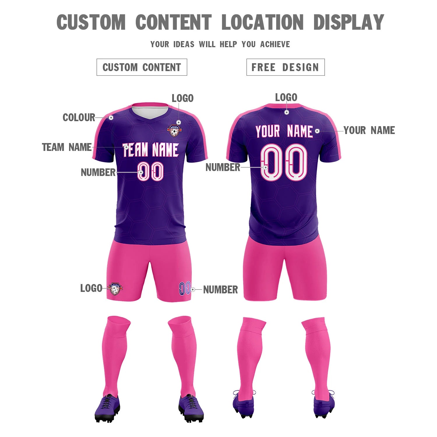 Custom Purple Pink Outdoor Sport Soccer Sets Jersey