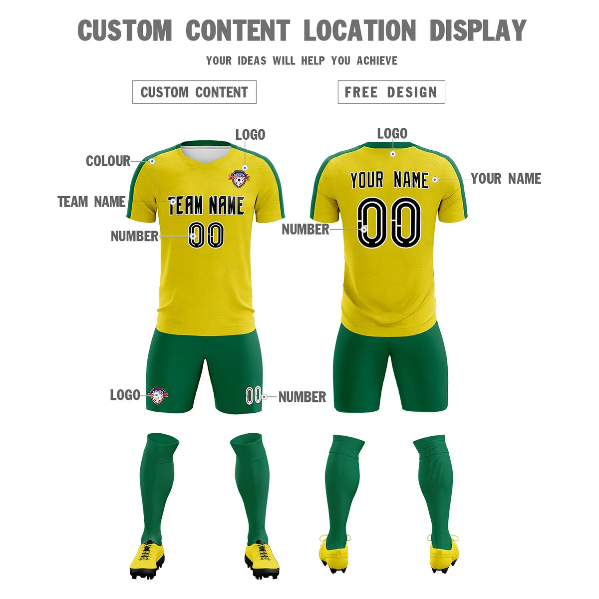 Custom Yellow Kelly Green Outdoor Sport Soccer Sets Jersey