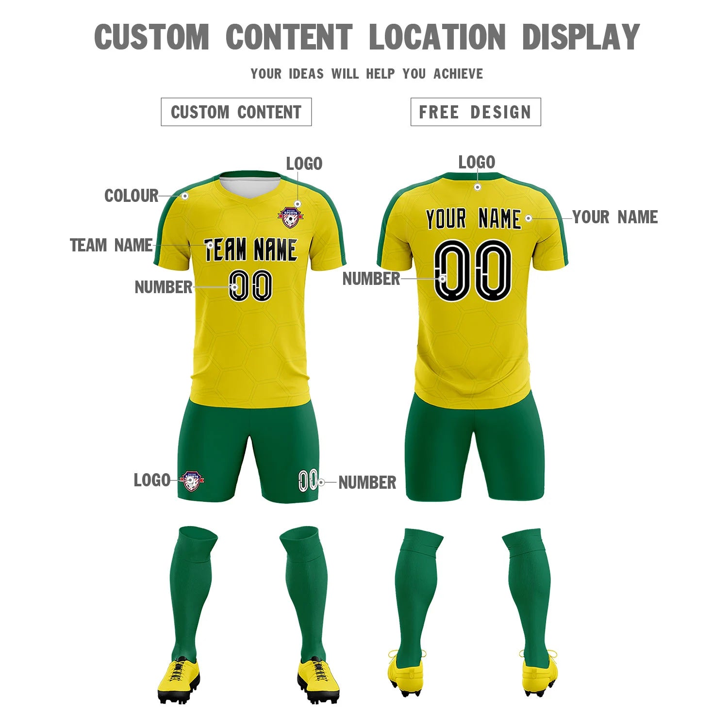 Custom Yellow Kelly Green Outdoor Sport Soccer Sets Jersey