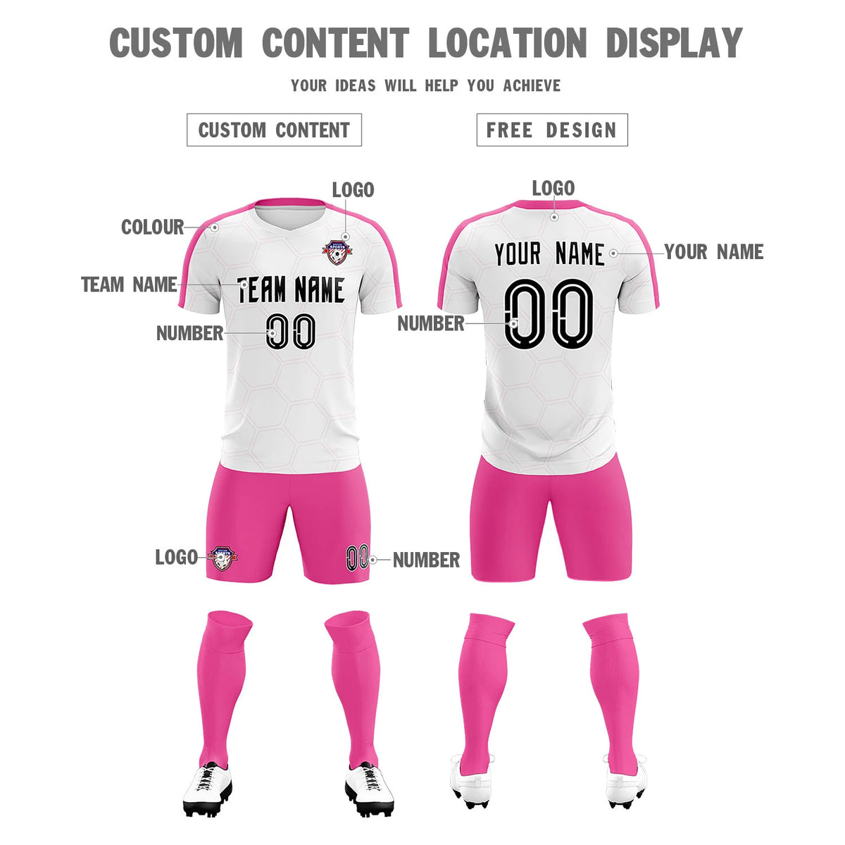 Custom White Pink Outdoor Sport Soccer Sets Jersey