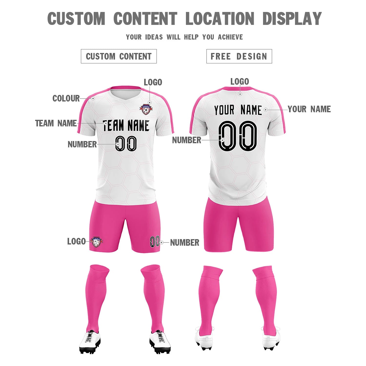 Custom White Pink Outdoor Sport Soccer Sets Jersey