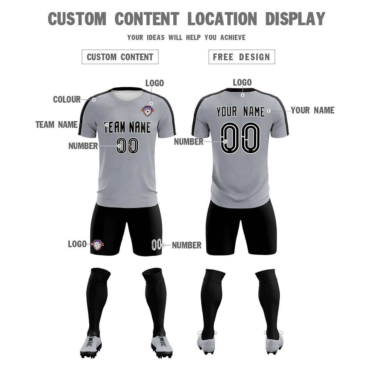 Custom Gray Black Outdoor Sport Soccer Sets Jersey