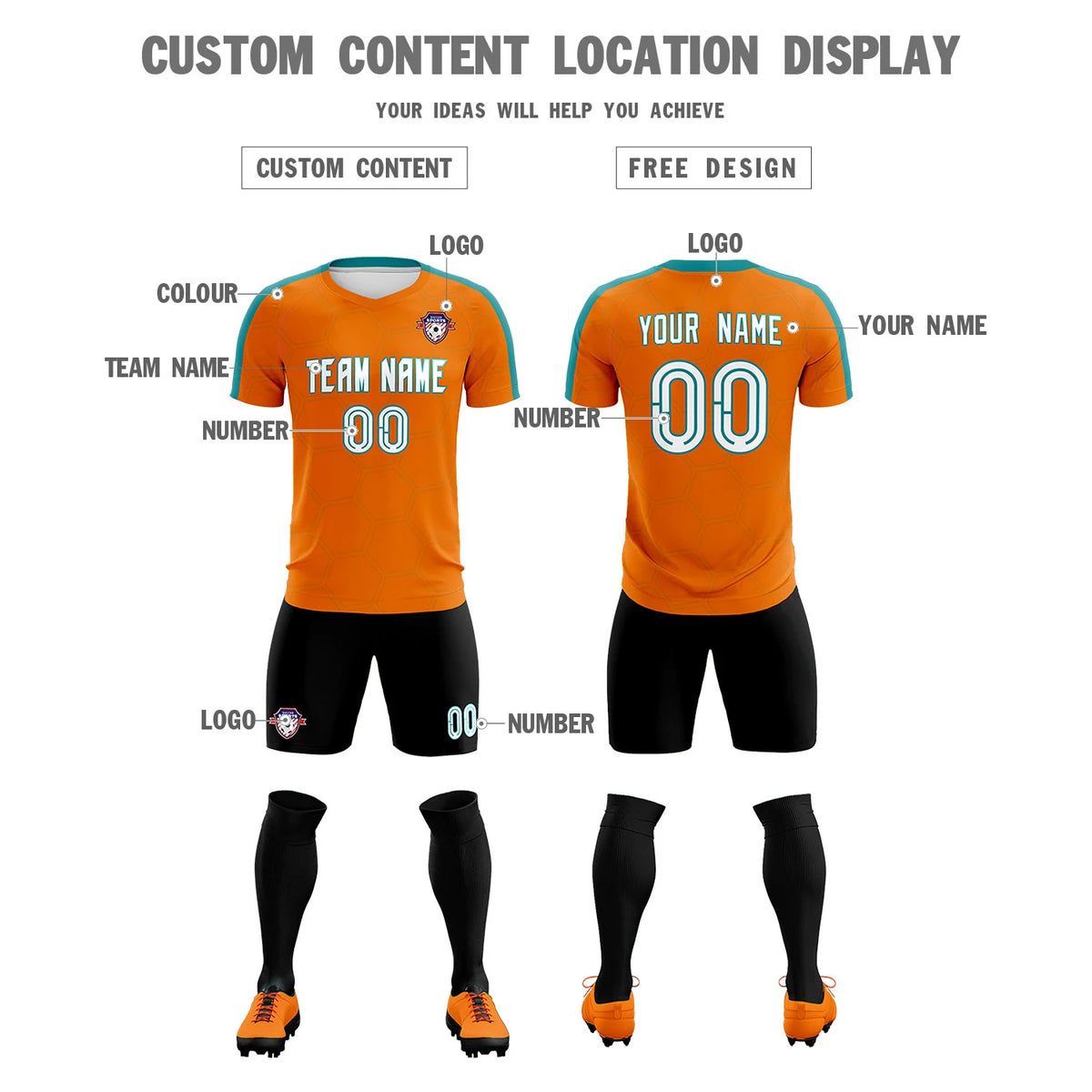Custom Orange Aqua Outdoor Sport Soccer Sets Jersey