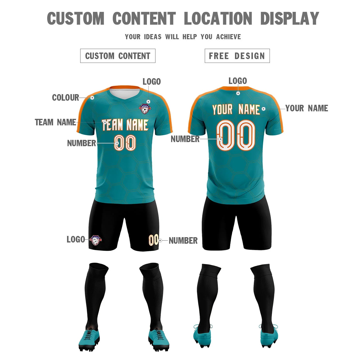 Custom Aqua Orange Outdoor Sport Soccer Sets Jersey