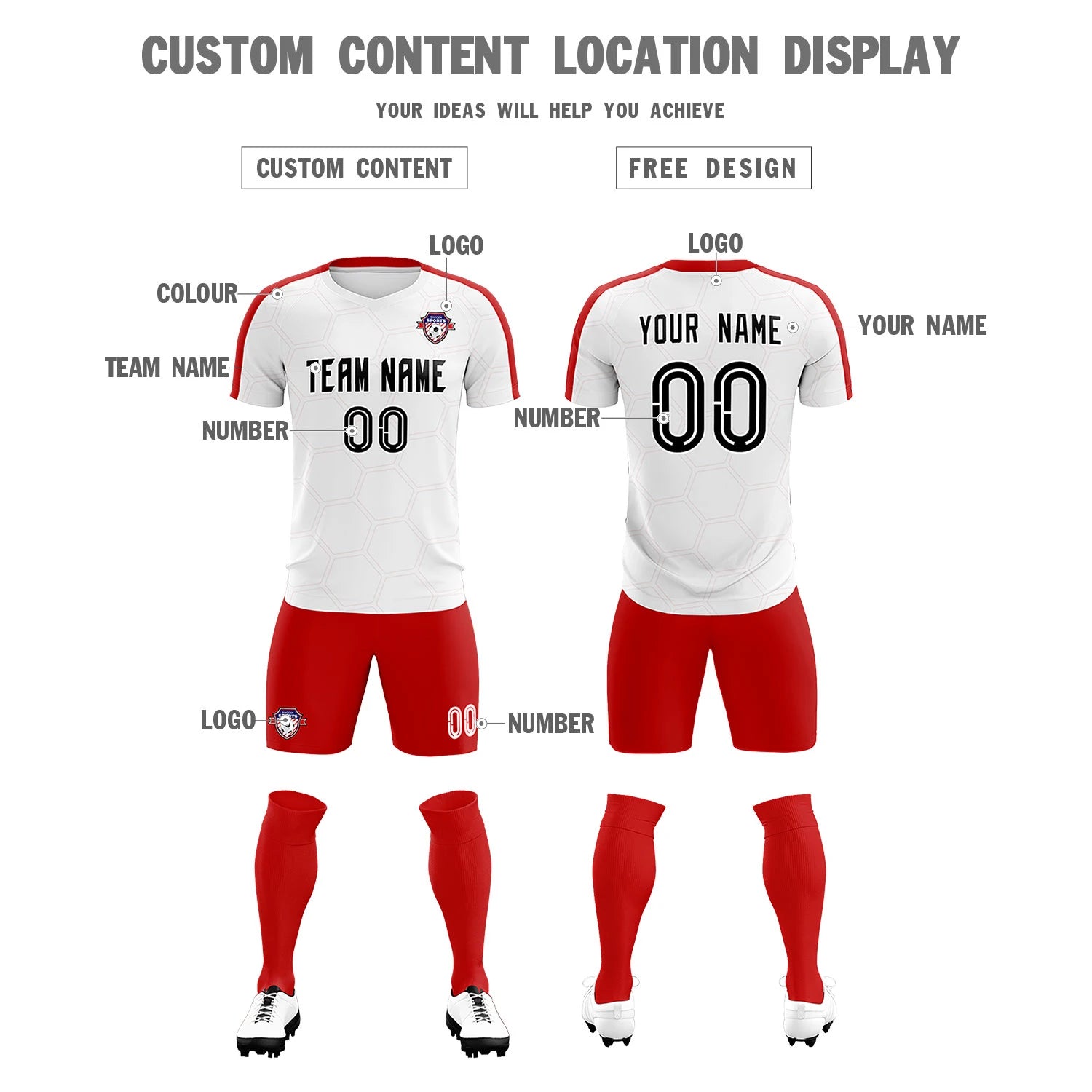 Custom White Red Outdoor Sport Soccer Sets Jersey