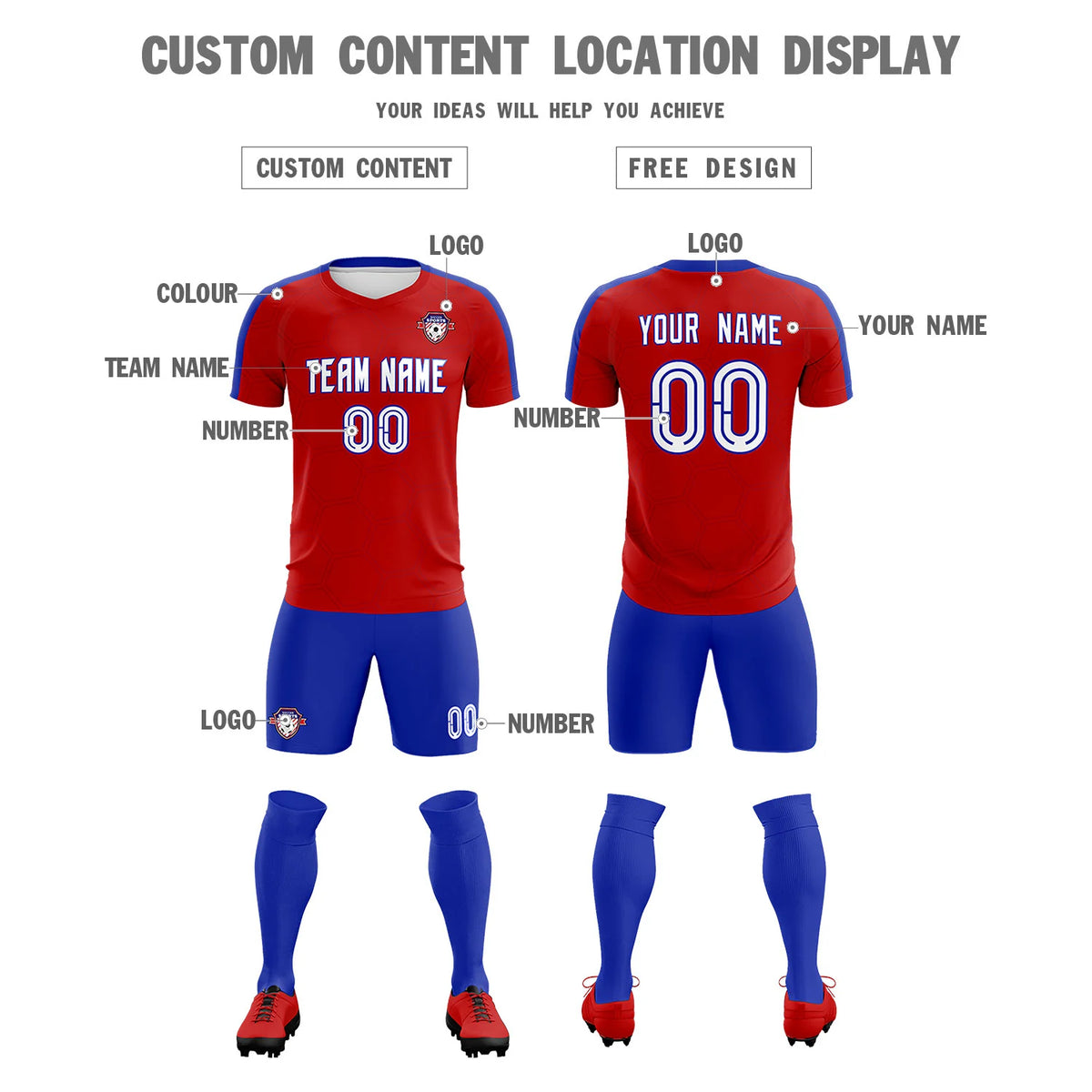 Custom Red Royal Blue Outdoor Sport Soccer Sets Jersey