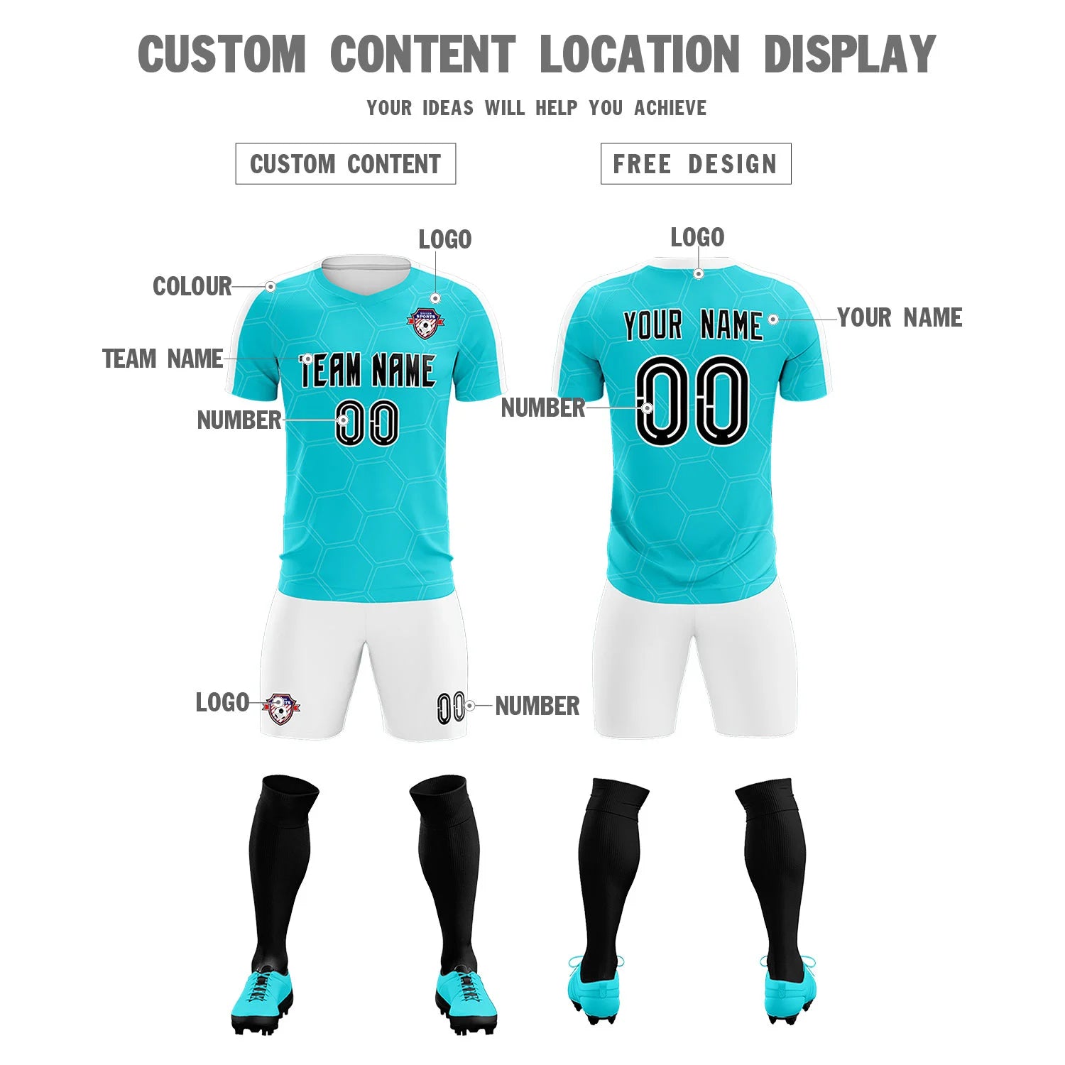 Custom Aqua White Outdoor Sport Soccer Sets Jersey