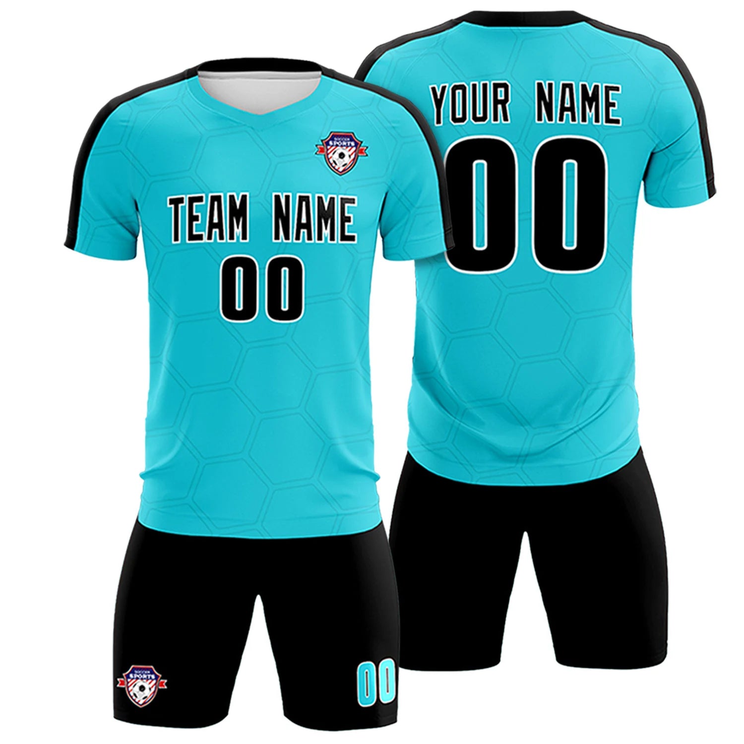 Custom Sky Blue Black Outdoor Sport Soccer Sets Jersey