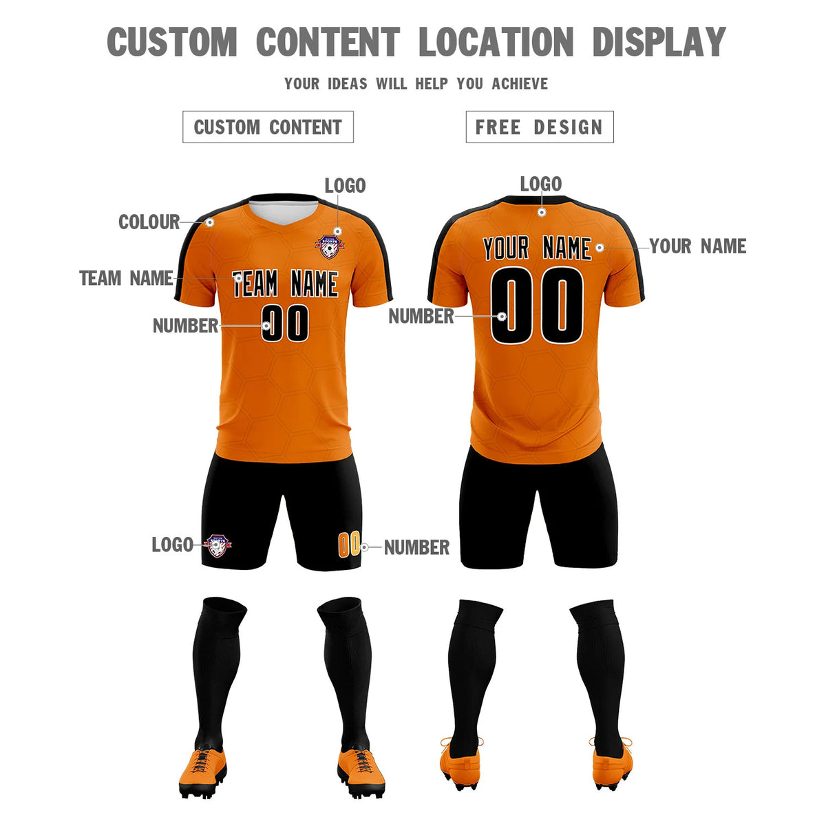 Custom Orange Black Outdoor Sport Soccer Sets Jersey