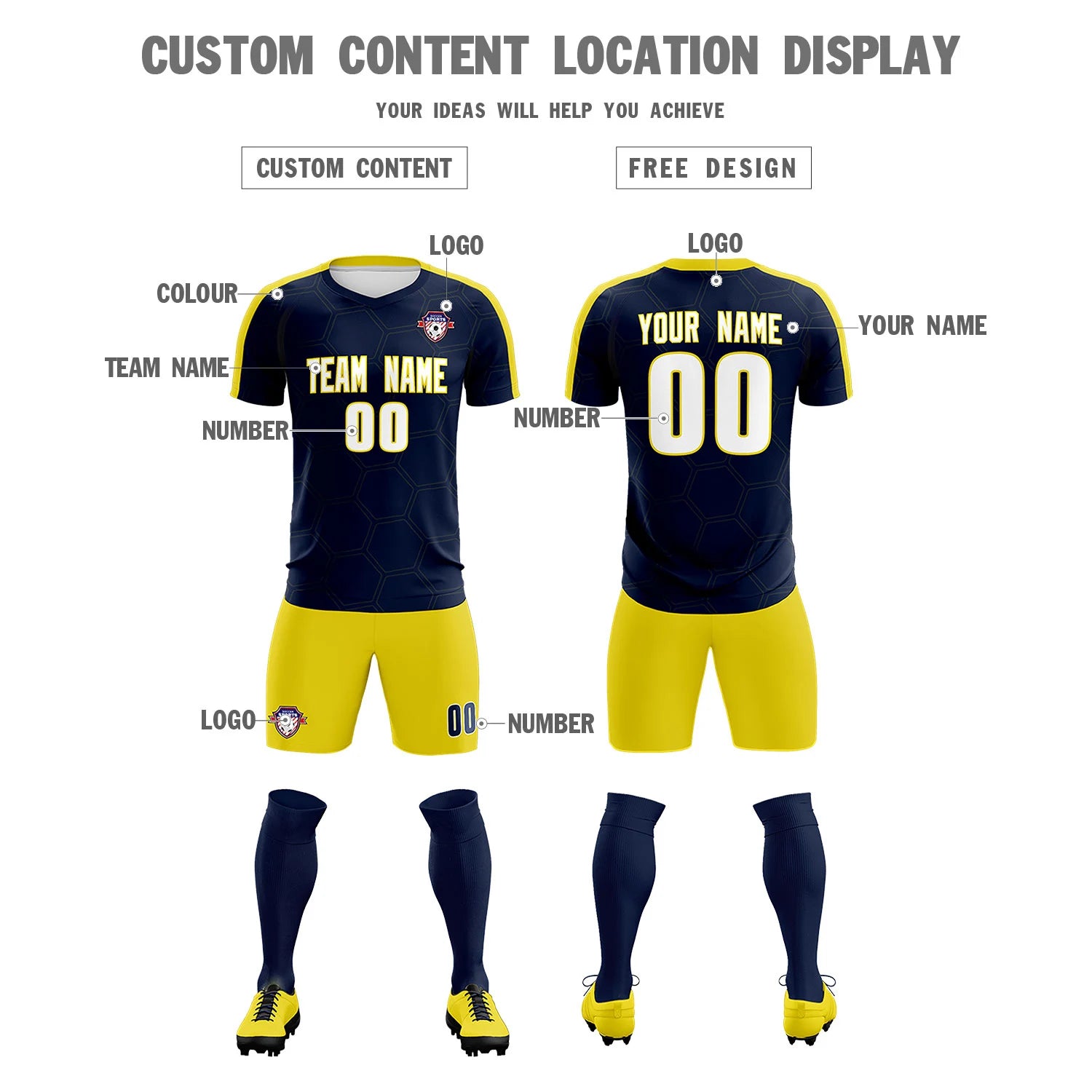 Custom Navy Yellow Outdoor Sport Soccer Sets Jersey