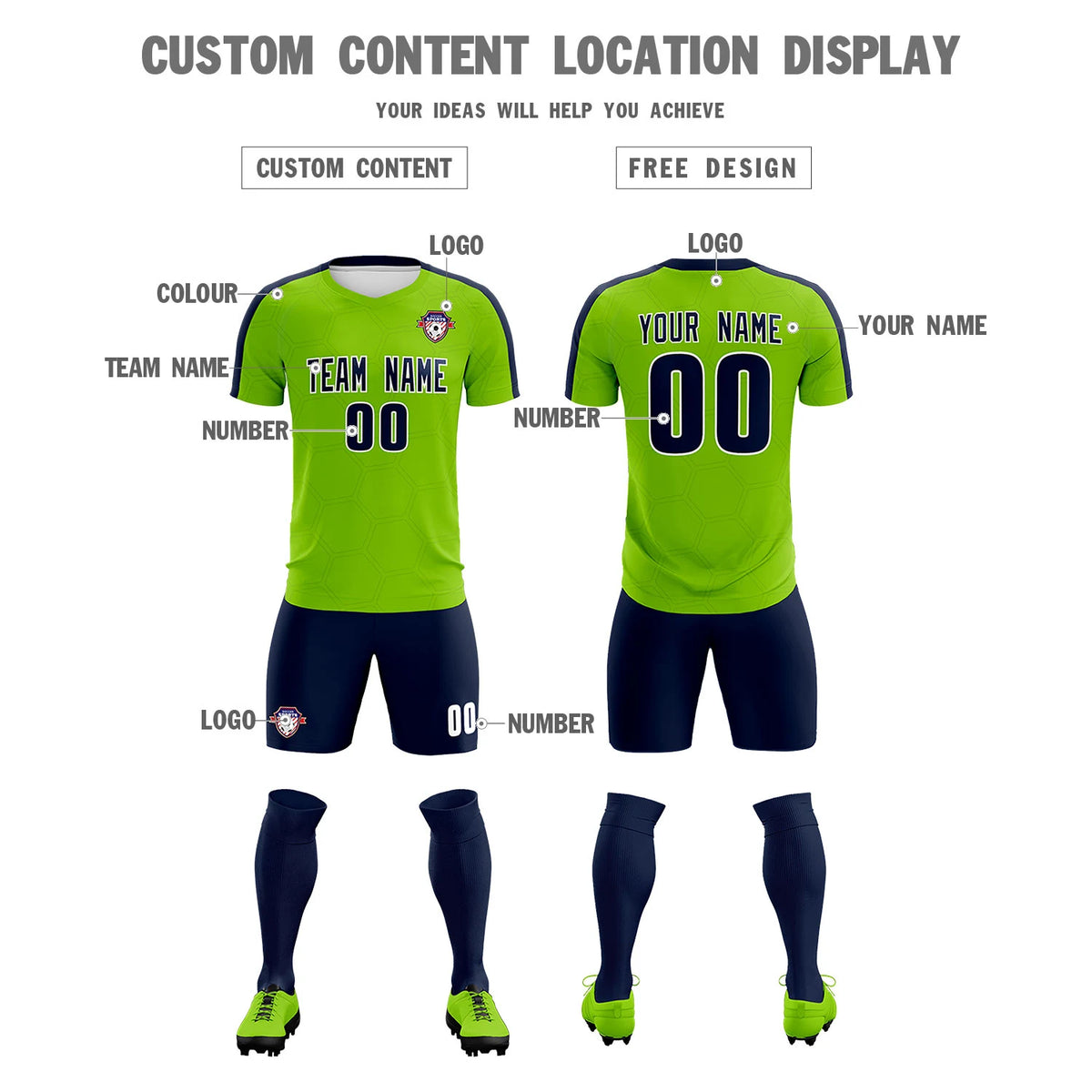 Custom Neon Green Navy Outdoor Sport Soccer Sets Jersey