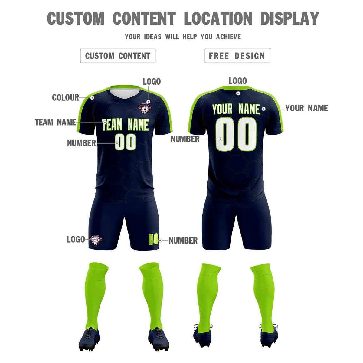 Custom Navy Neon Green Outdoor Sport Soccer Sets Jersey
