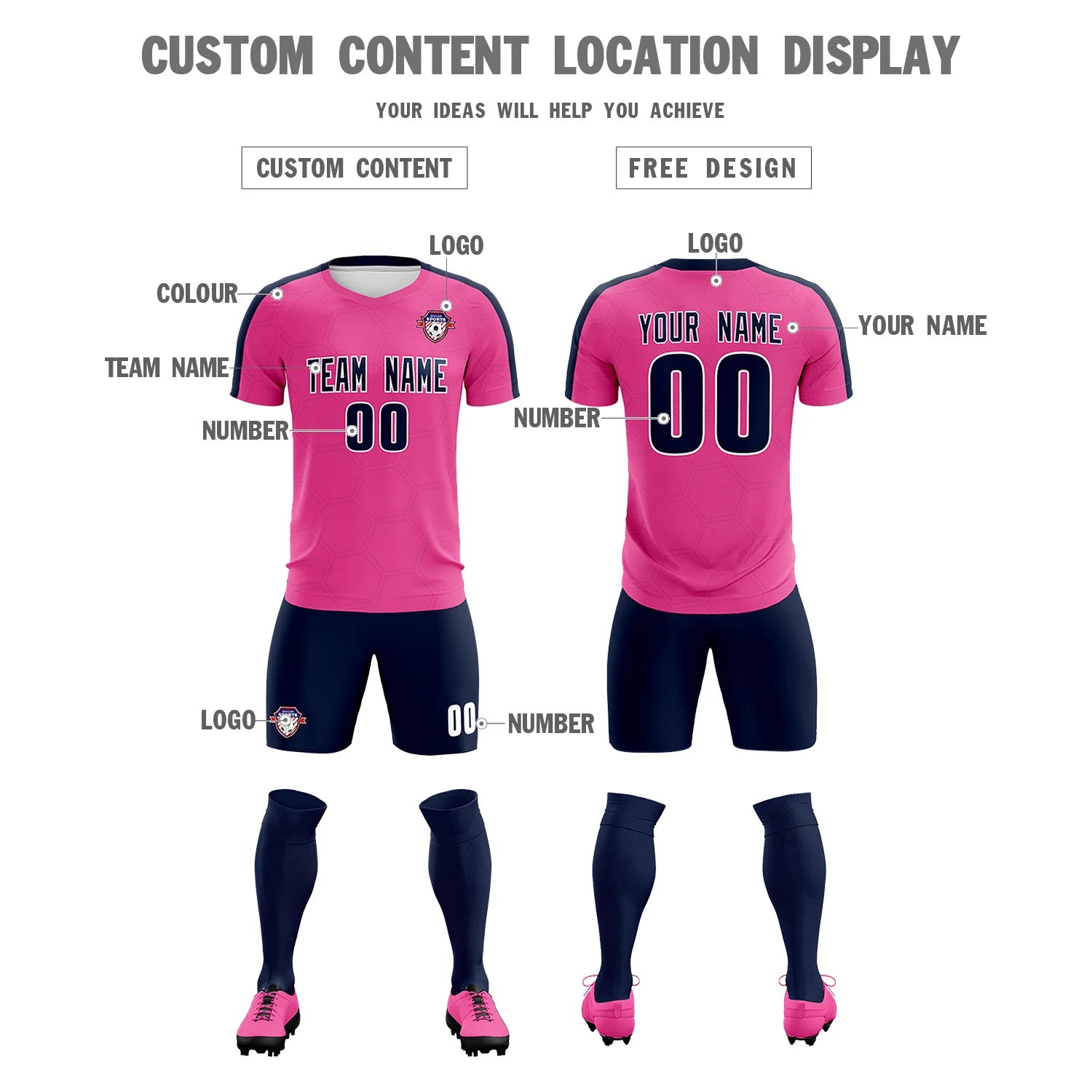 Custom Pink Navy Outdoor Sport Soccer Sets Jersey