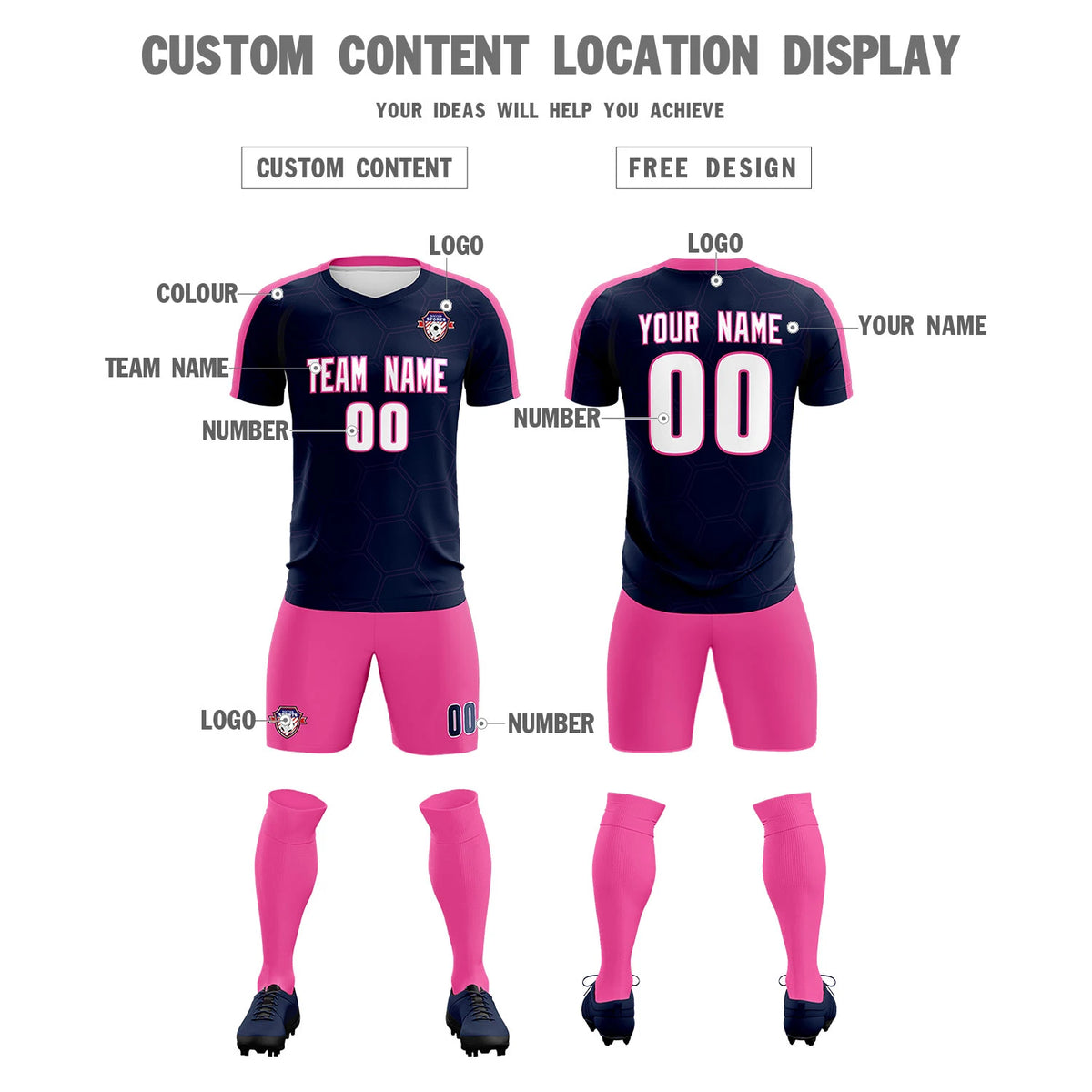 Custom Navy Pink Outdoor Sport Soccer Sets Jersey