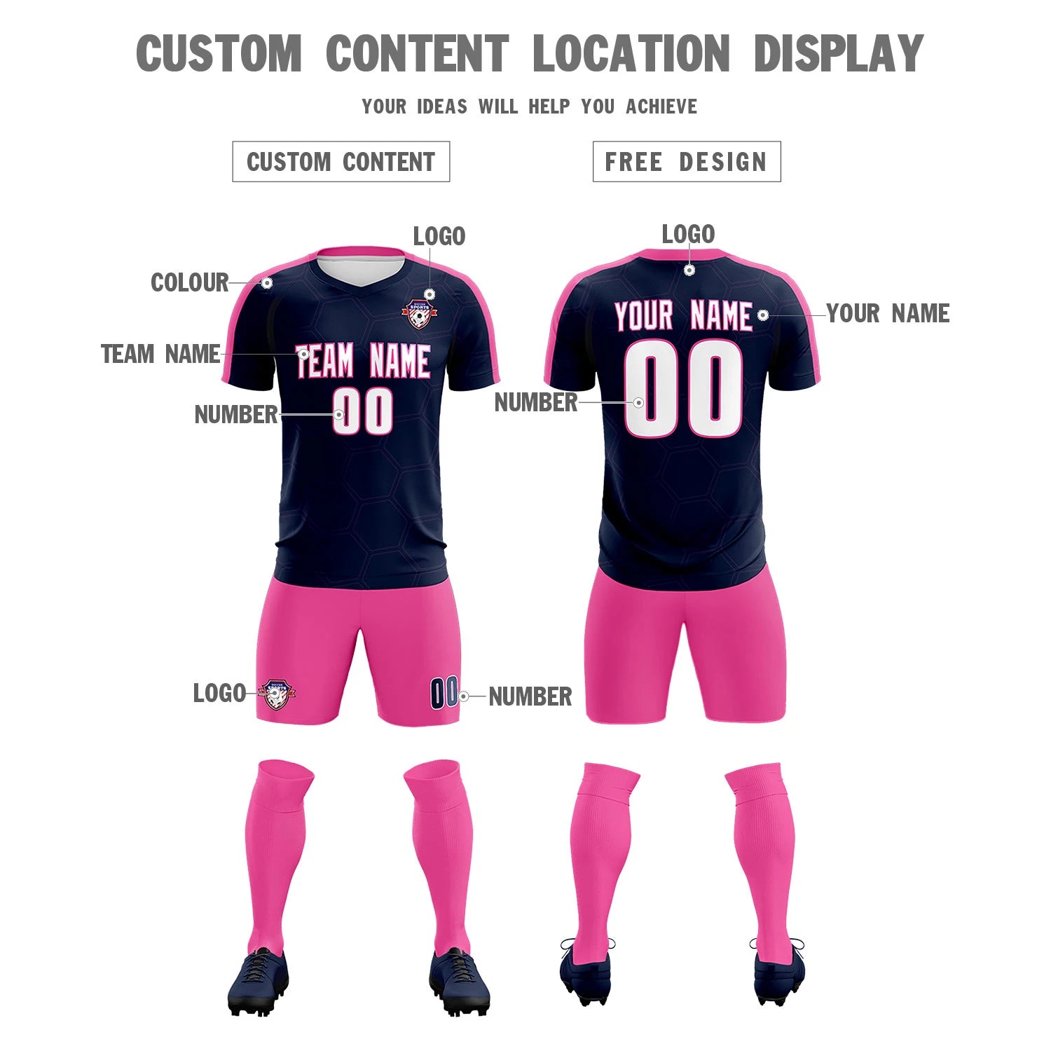 Custom Navy Pink Outdoor Sport Soccer Sets Jersey